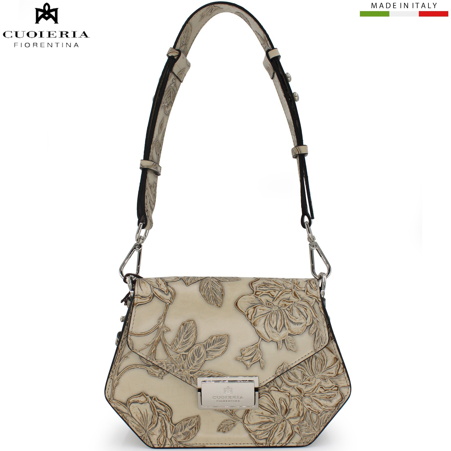 Cuoieria Fiorentina Italian Tuscan taupe leather crossbody bag floral pattern