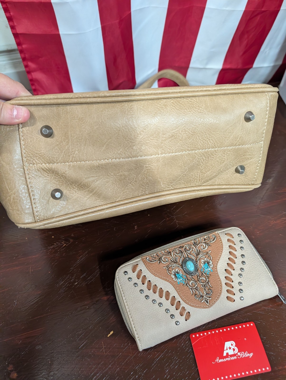 American Bling Tan Large Western Studded Tote w/ Pouch, Zip, Inner Pockets
