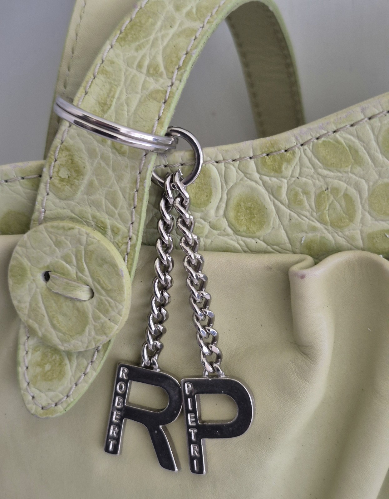ROBERT PIETRI Spain Tea Green leather & Celery Green Croc Embossed Trim M Tote