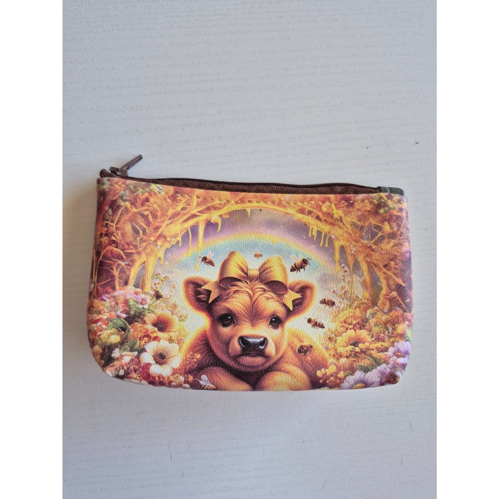Handcrafted 6×4 Clear-Back Pouch – Adorable Cow with Bow, Honey, and Bees Theme