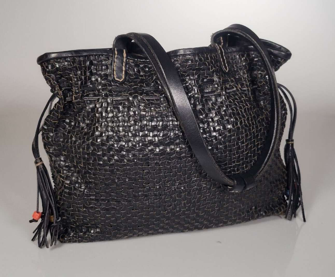 Henry Cuir Beguelin Black Woven Leather Tote Tassel Shoulder Bag Drawstrings EUC