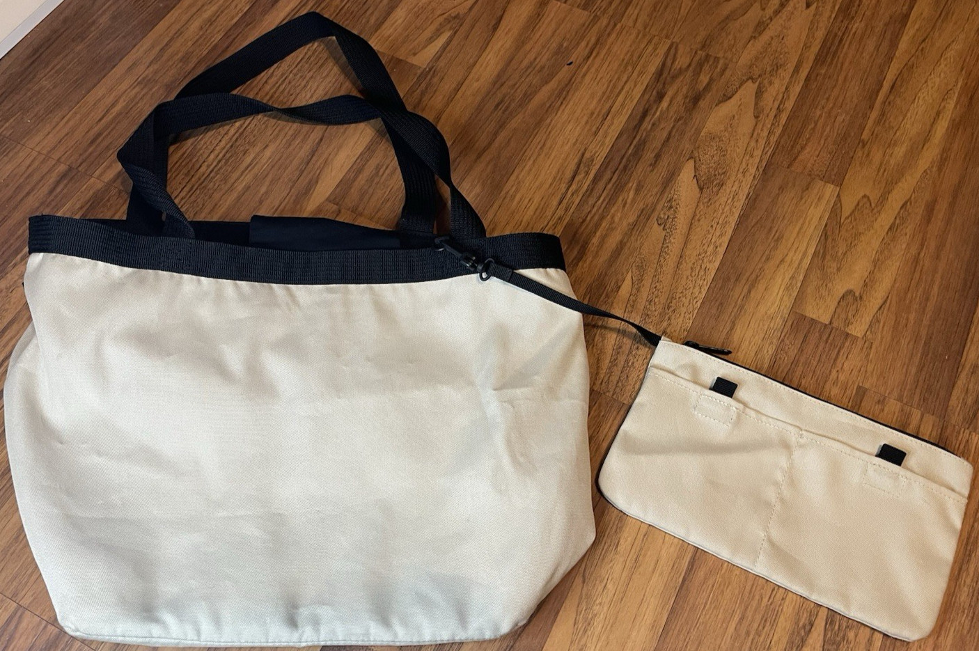 L.L.Bean Canvas Tote Bag Beige Black Zip Top Detachable Organizer Shoulder Large