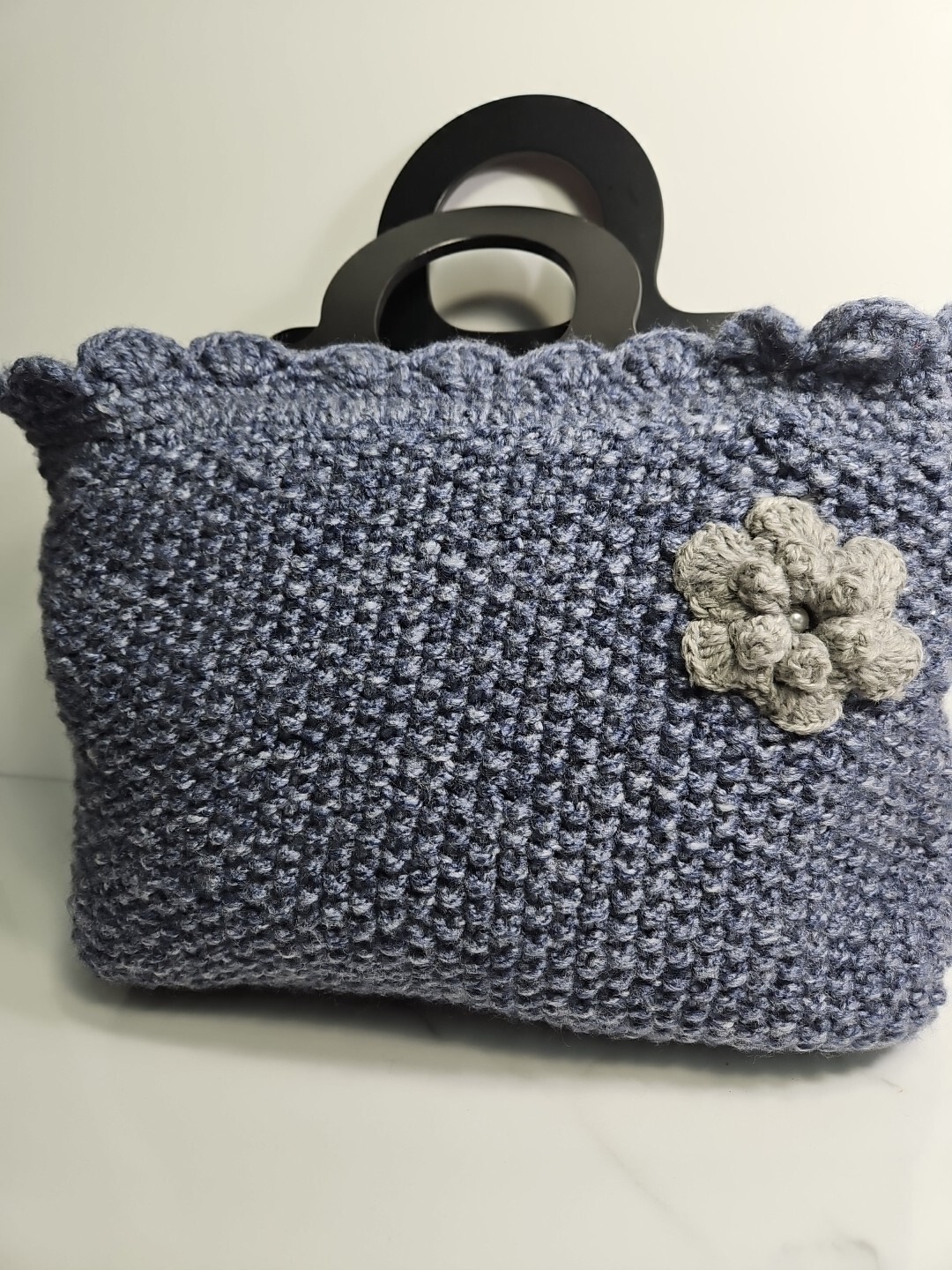 Hand Crafted Blue Wool Blended Crochet Tote Bag 12x9x4″