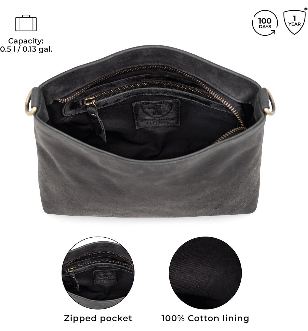 BERLINER BAGS Marbella Vintage Leather Crossbody Handbag, Dark Grey *NEW*
