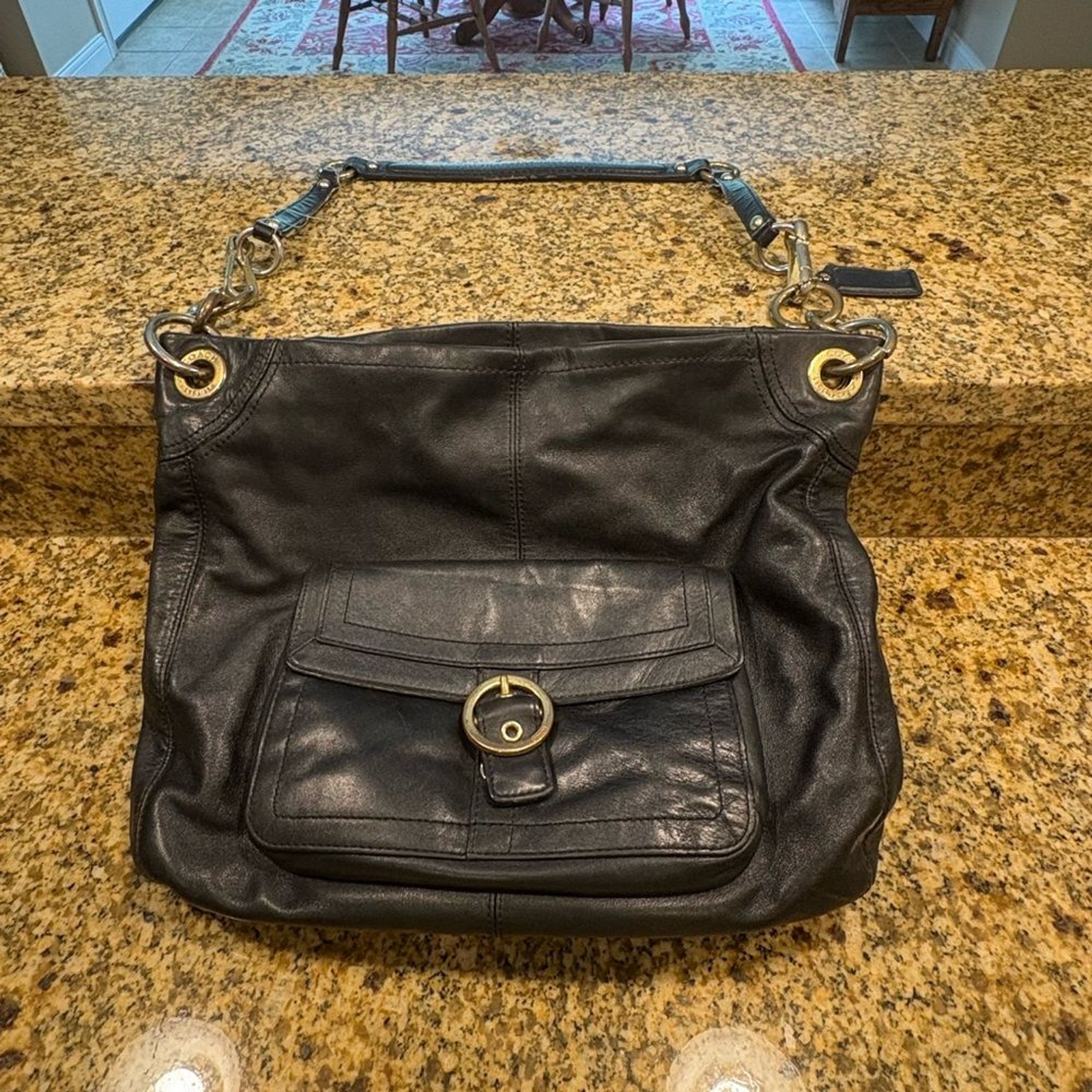 Coach Penelope Black Leather Slouchy Hobo Tote Bag Brass Hardware