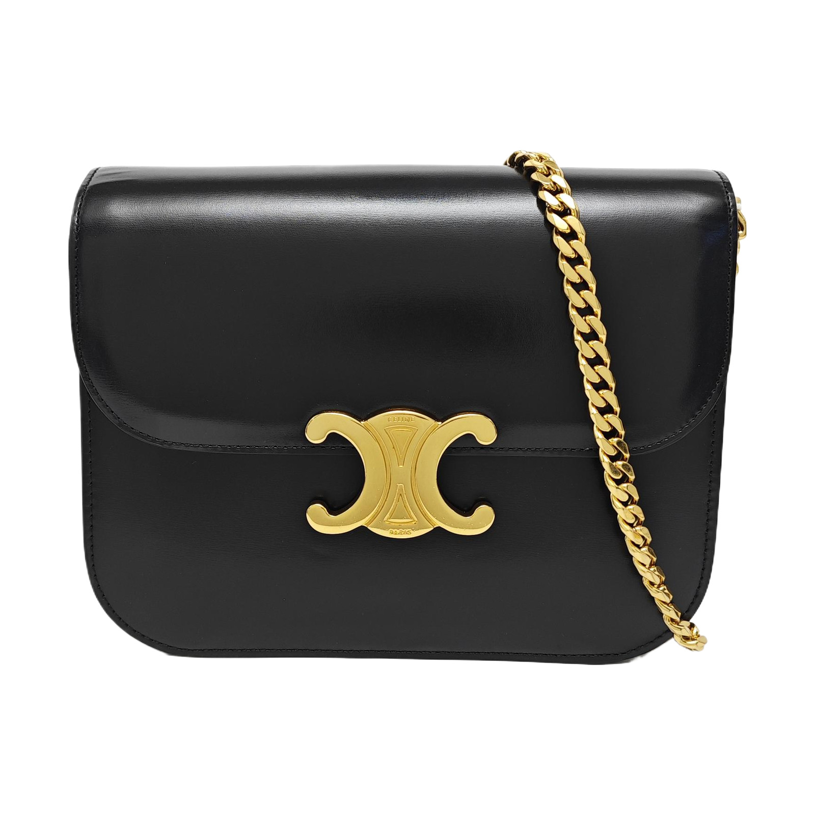 CELINE Medium Triomphe Chain Flap Bag Black Shiny Calfskin Leather Shoulder Bag