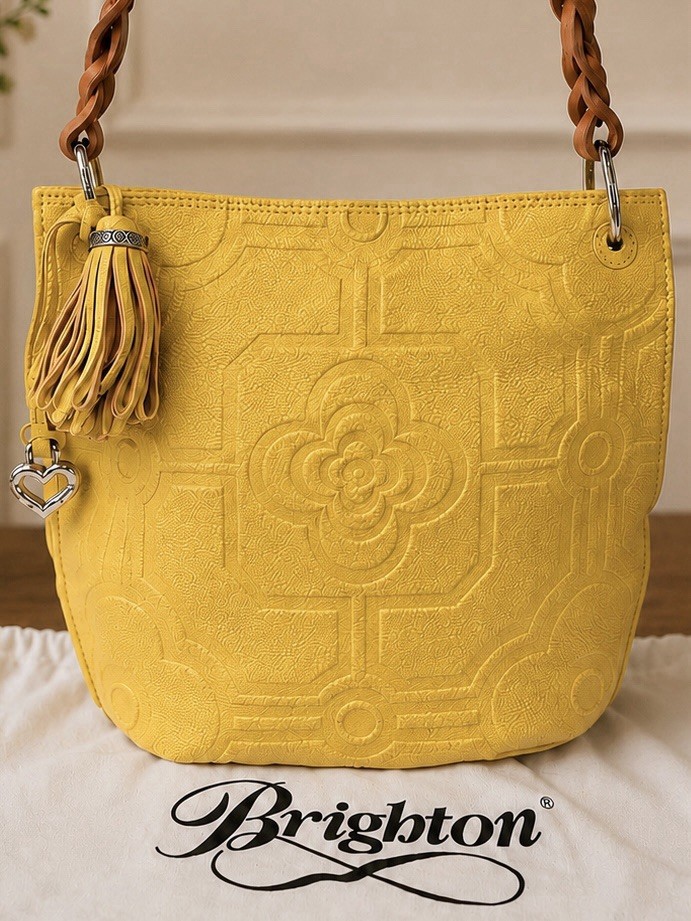 Brighton Piper Slim Yellow Embossed Leather Shoulder Bag Tassel Heart Charm
