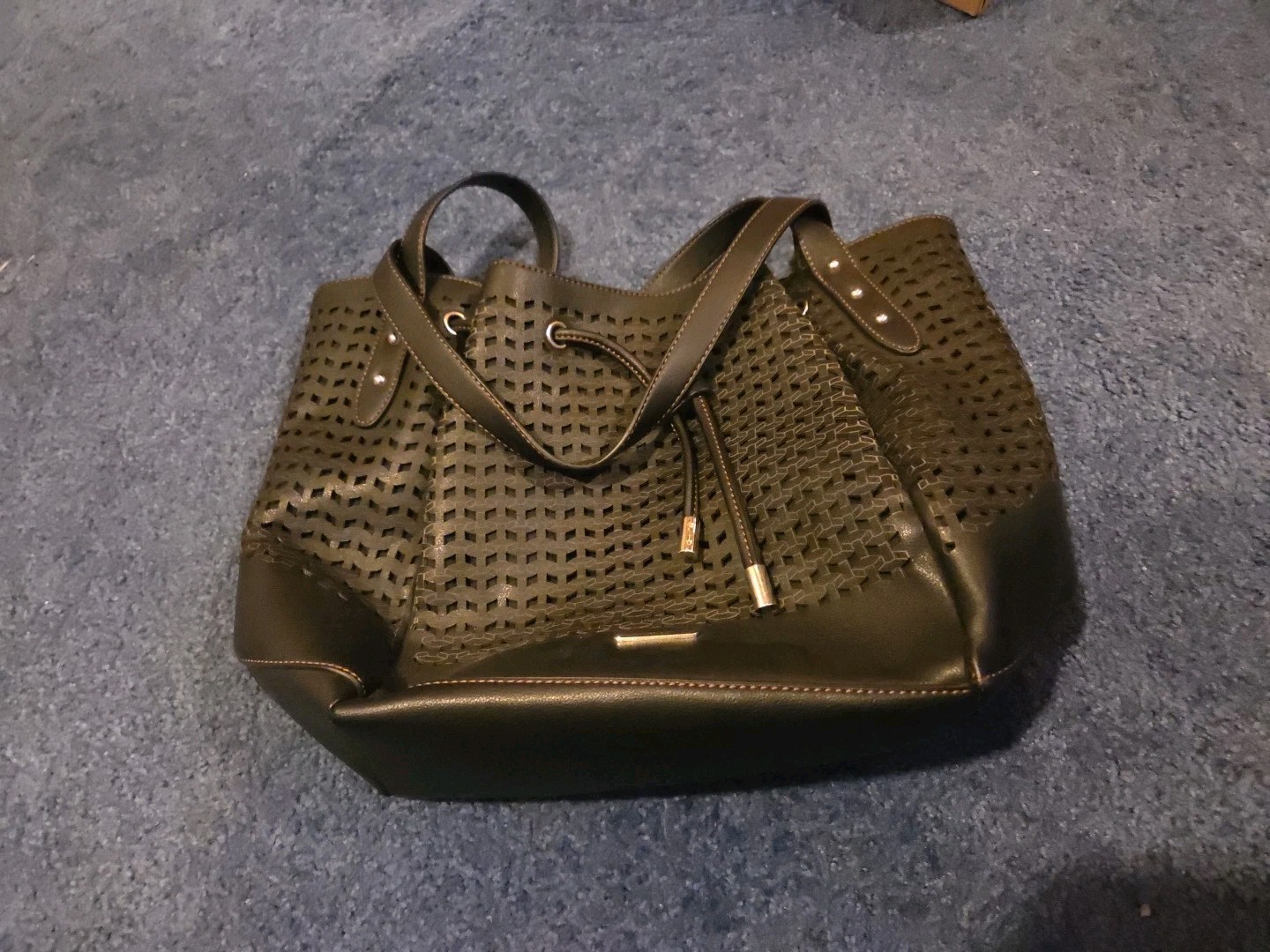 CHAPS Large Black Fabric/Faux Leather Handbag Double Handals 3 Compartments