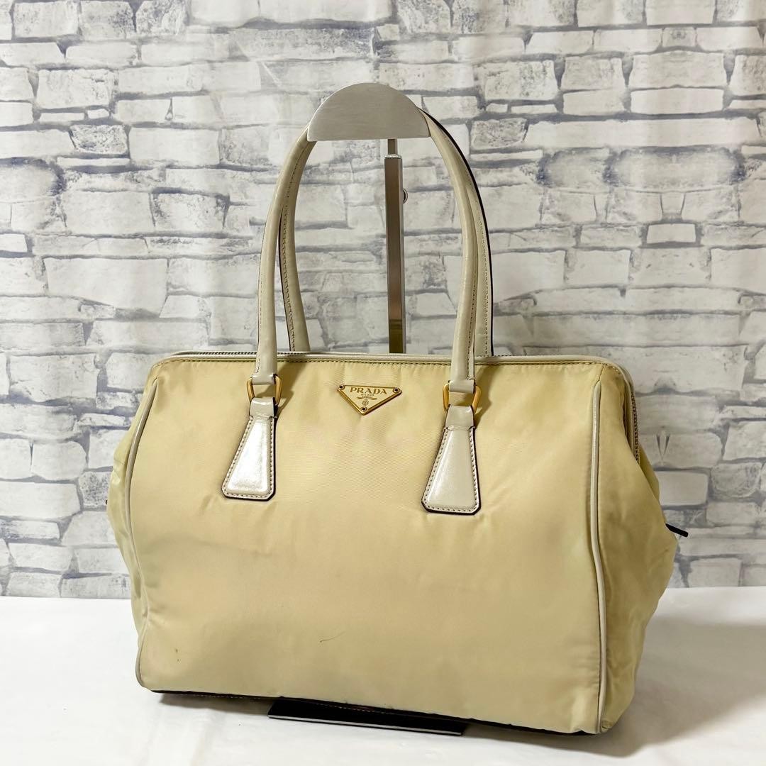 Authentic PRADA Handbag Tessuto Nylon Leather Light Beige 21cm x 28cm x 10cm