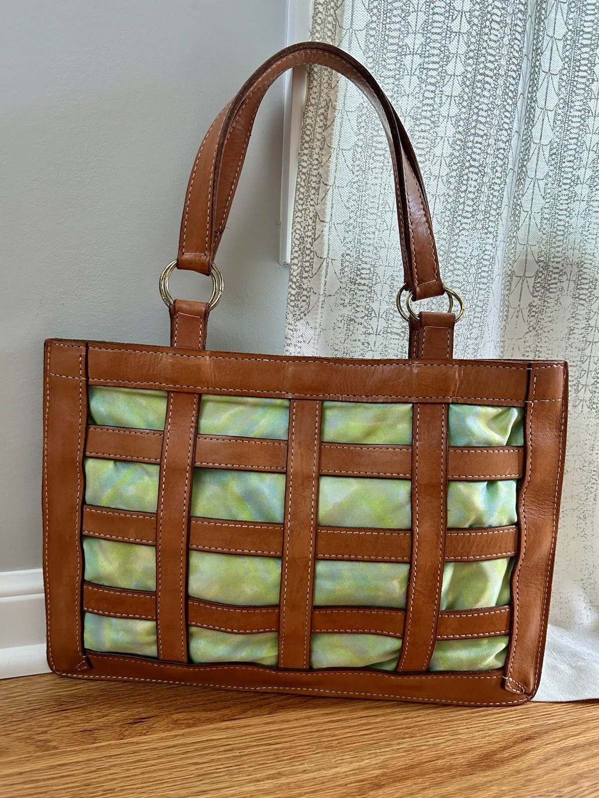 MITZI BAKER Woven Leather Satchel Purse Tech Tote Handbag Tan & Green RARE •L•EC