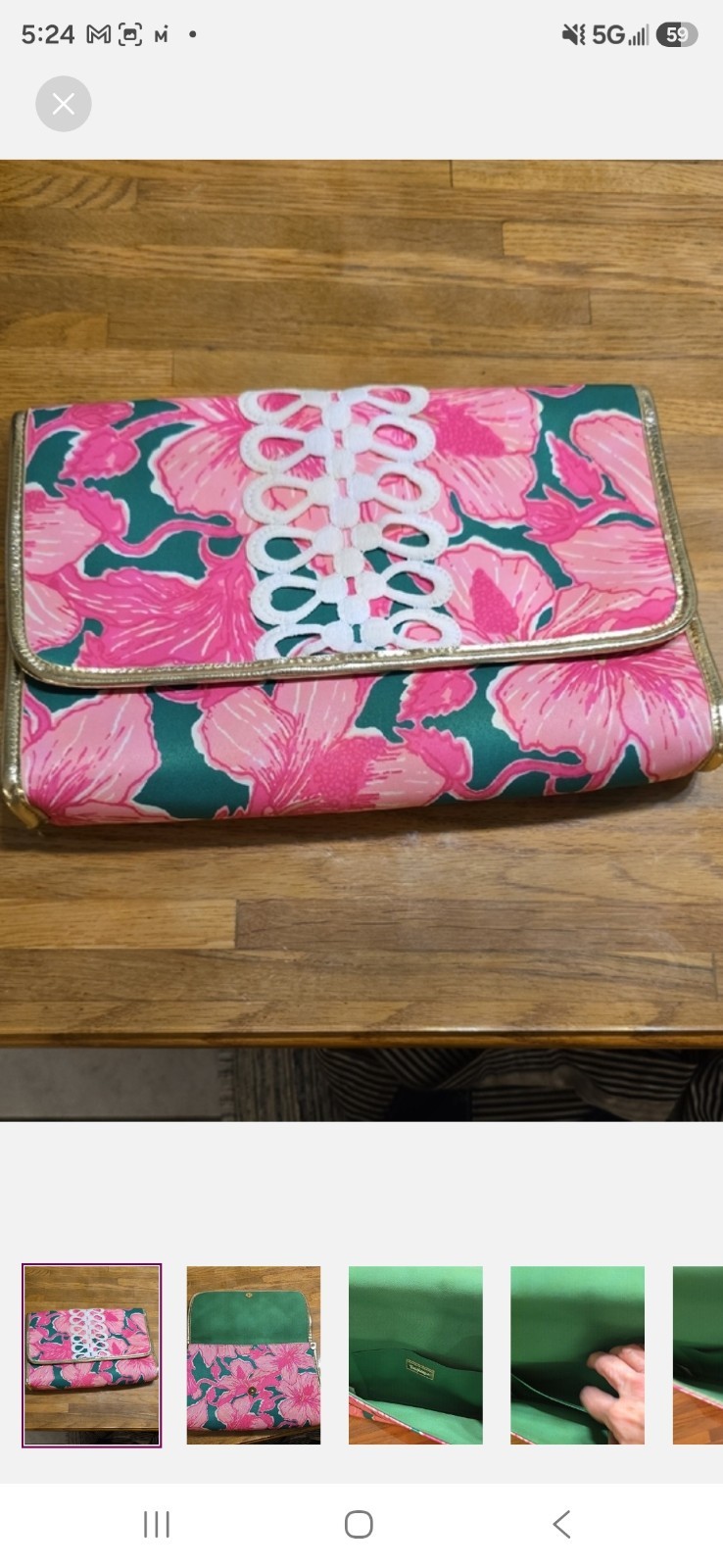 Lilly Pulitzer Floral Pink Green White Clutch, Snap, Embroidered, Pockets