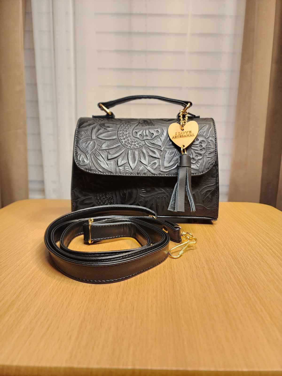 Black Sunflowers Embossed Tooled Artisan Leather Crossbody Handbag Purse
