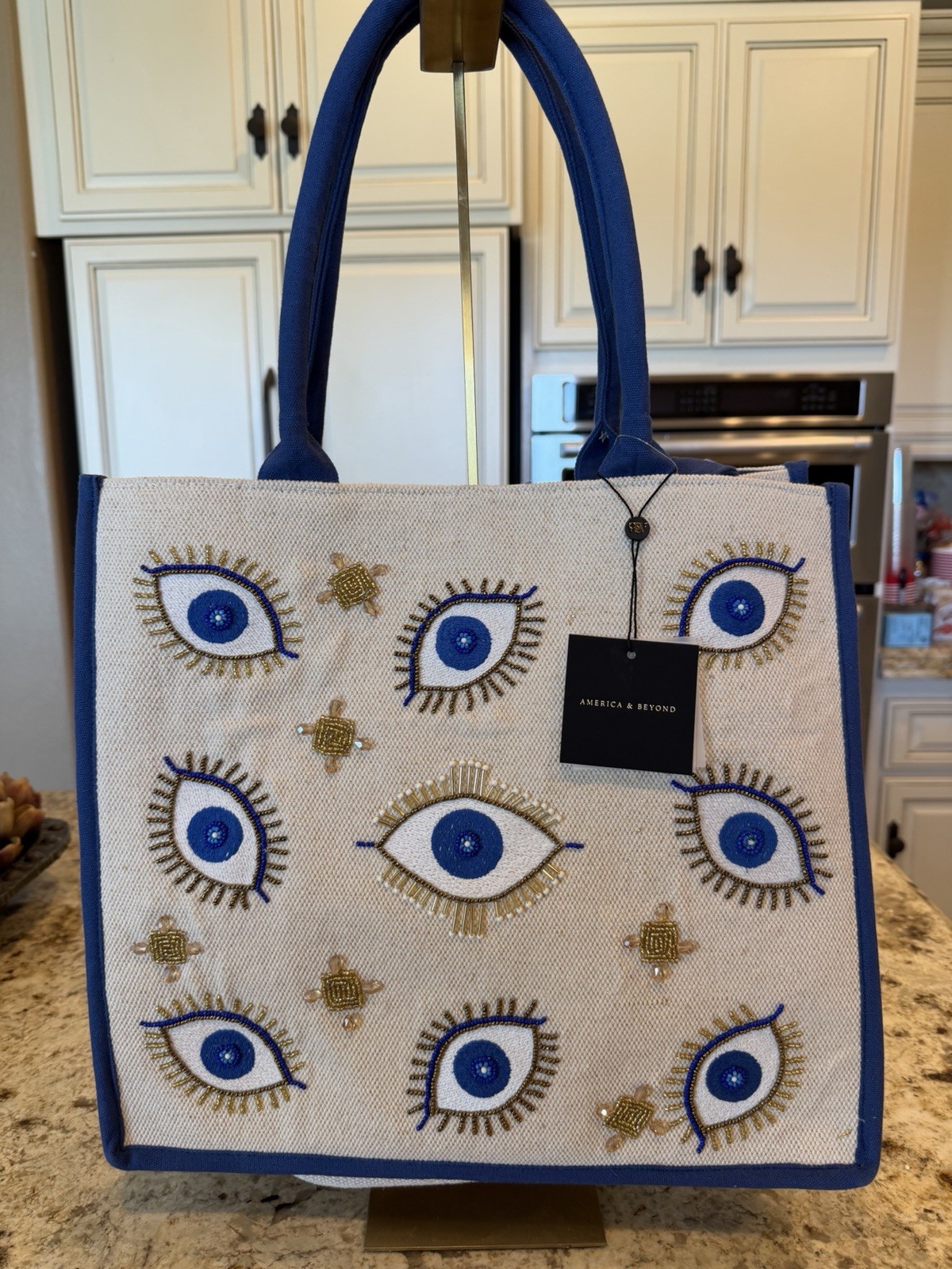 America & Beyond Evil Eye Beaded Embroidered Tote Blue/Beige/Gold Magnetic