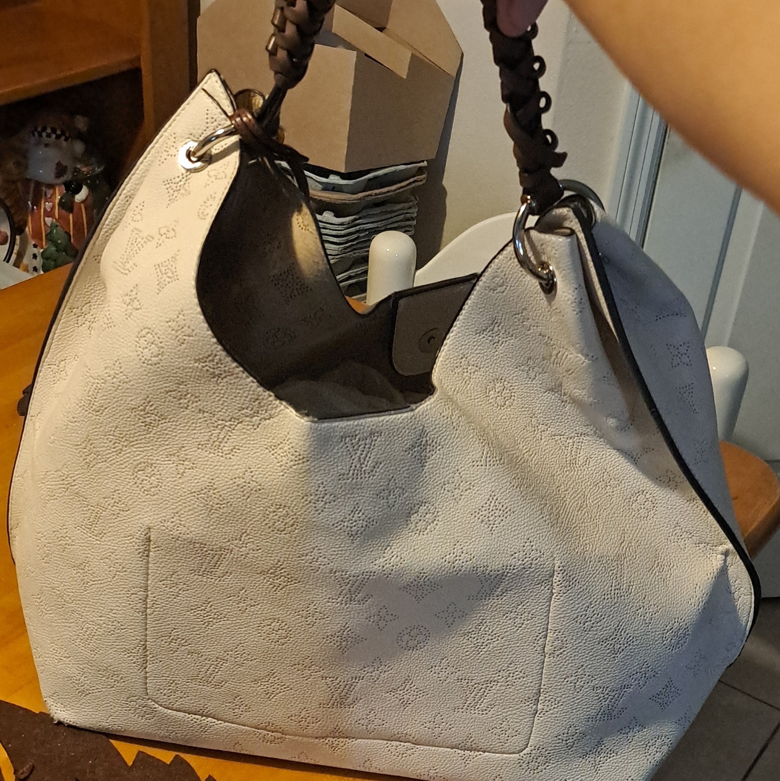 Monogram Large Hobo Shoulder Bag Beige/Brown Braided Strap Zip, Silver Hardware