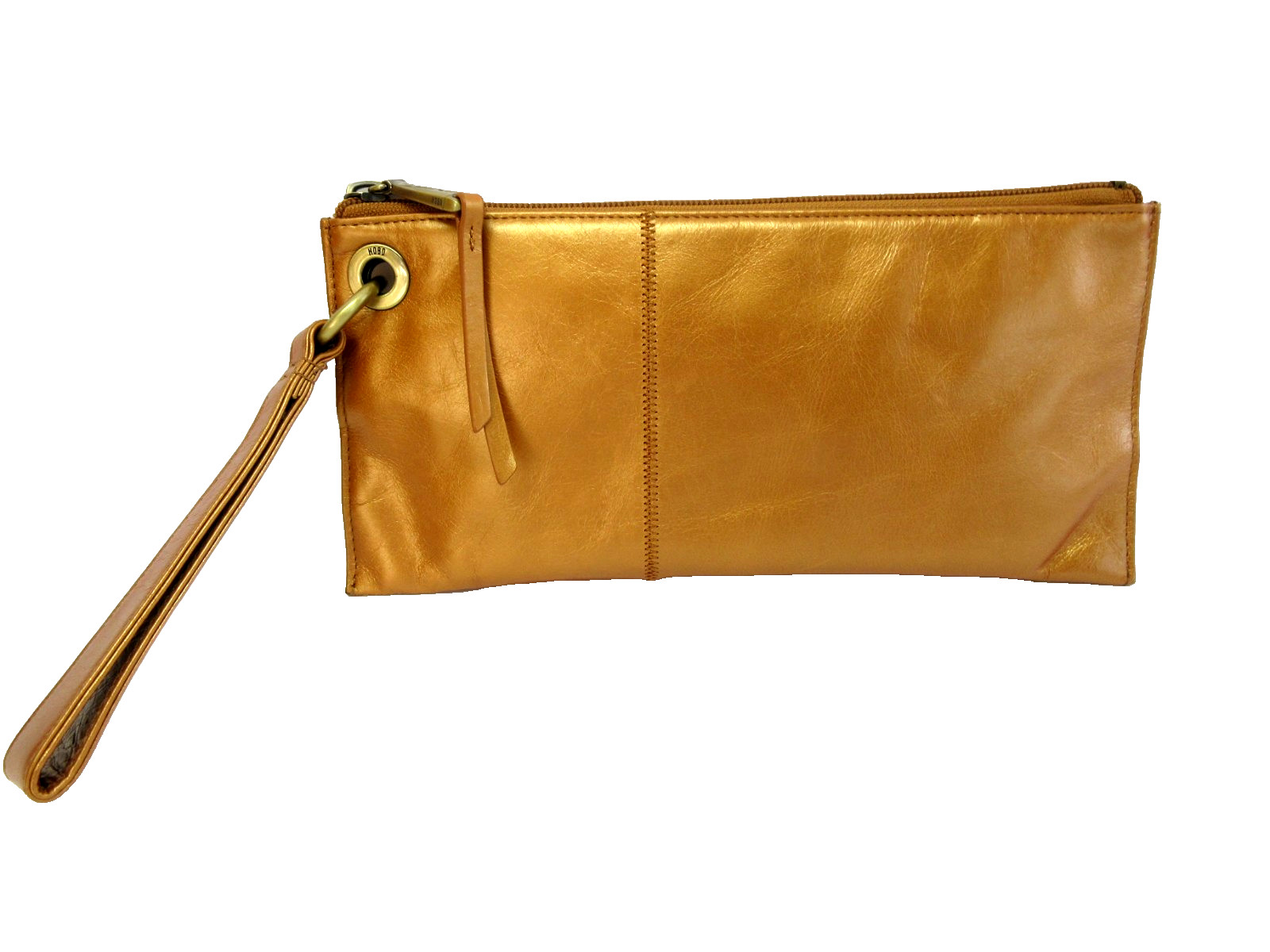 HOBO (International) Vida Wristlet Clutch Bronze Polished Leather Antiqued Brass