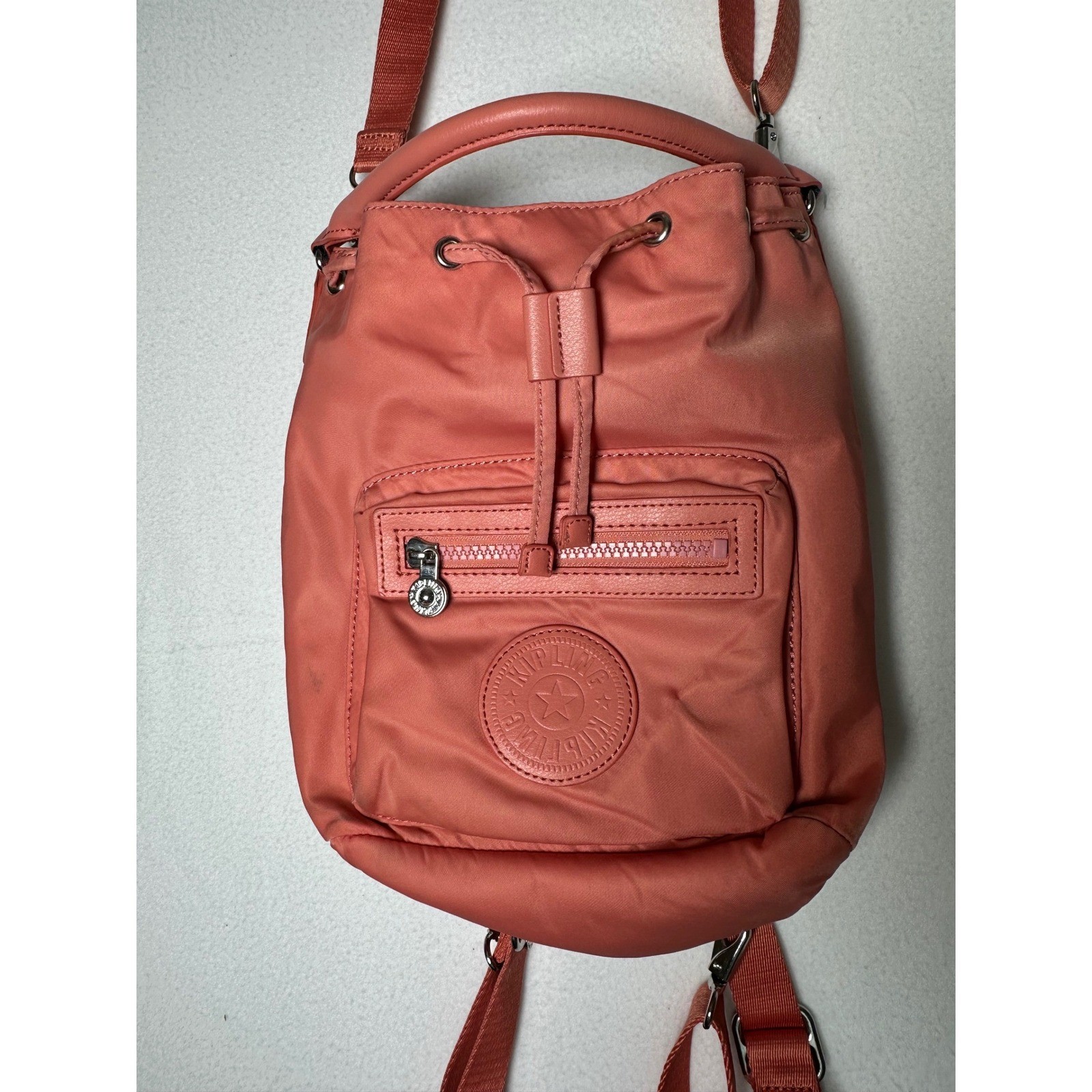 Kipling Firefly Up Convertible Backpack Crossbody Coral Pink Nylon Travel Bag