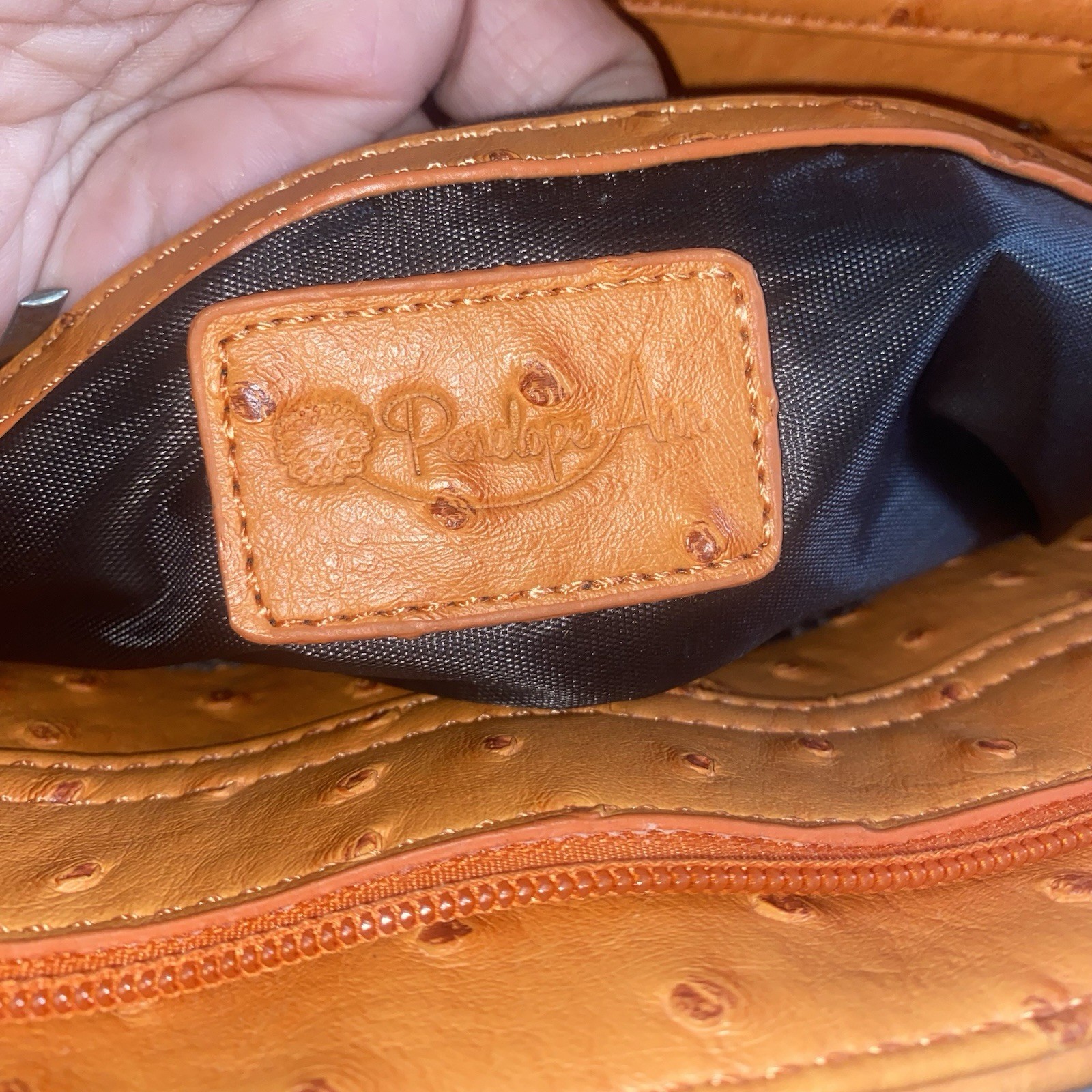 Penelope Ann Orange Faux Ostrich Embossed Satchel Tote Shoulder Bag 14x12x6