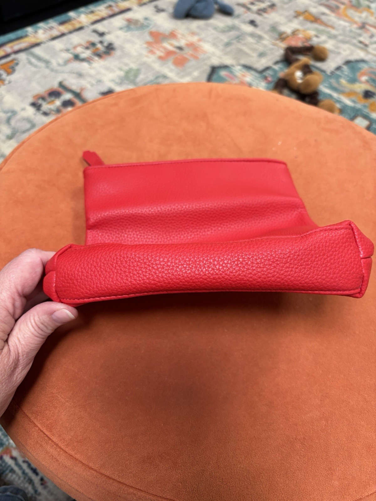 Red Pebbled Faux Leather Clutch Purse Zip Closure Pouch Case with Snap Flap