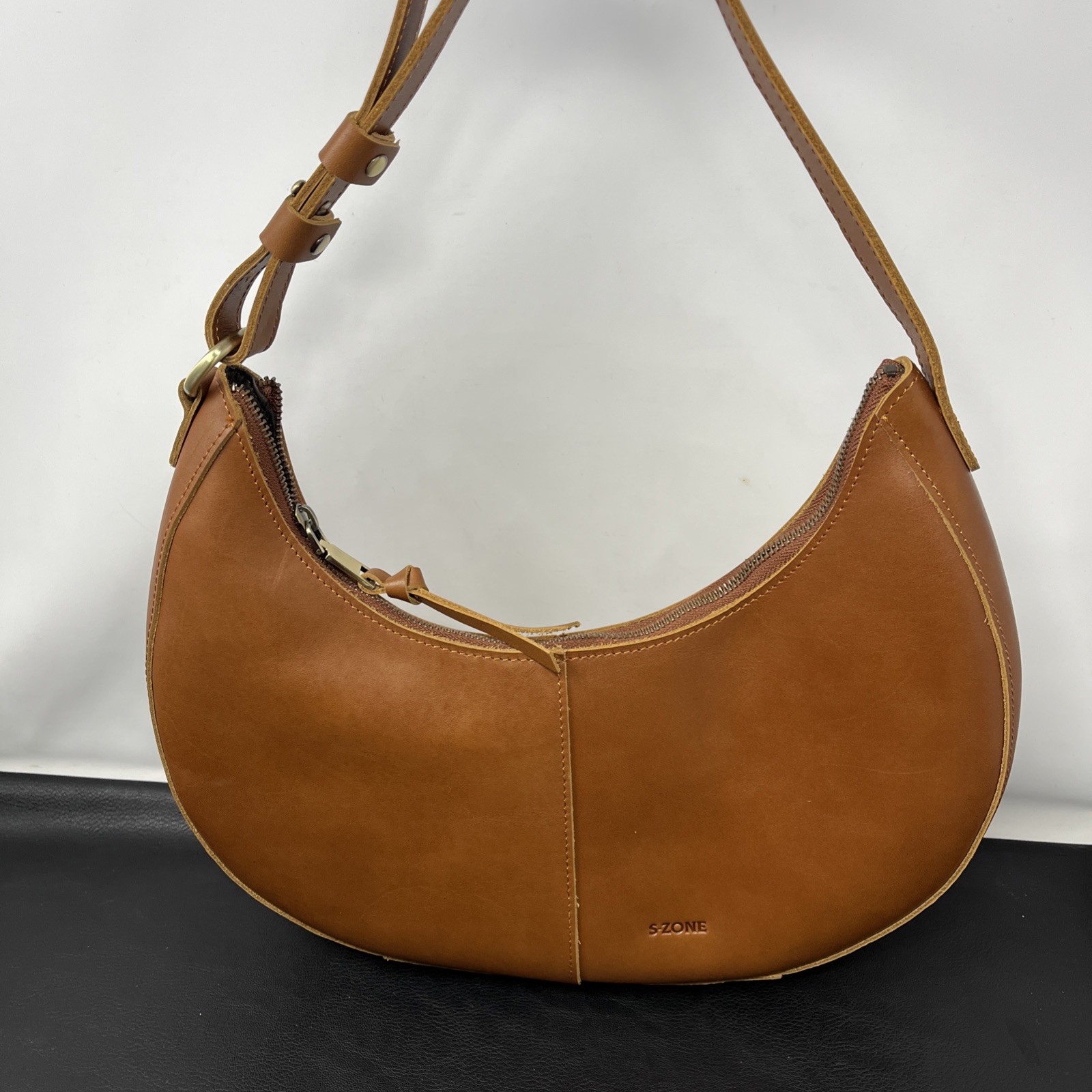 S-ZONE Hobo Crescent Leather Purse Shoulder Cognac Cowhide Full Grain