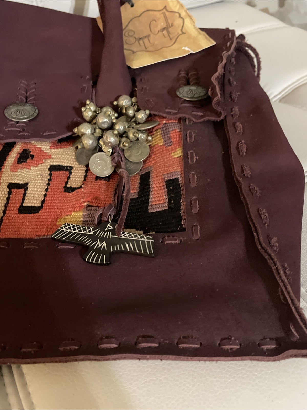 Simone Camille Suede Leather Carpet Boho Metal Coin Tassles Bag Handbag Large