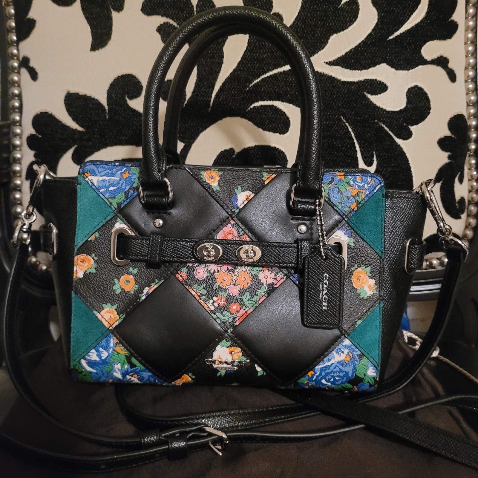 COACH Swagger Green, Black & Floral Patchwork Leather Satchel/Shoulder Bag NWOT