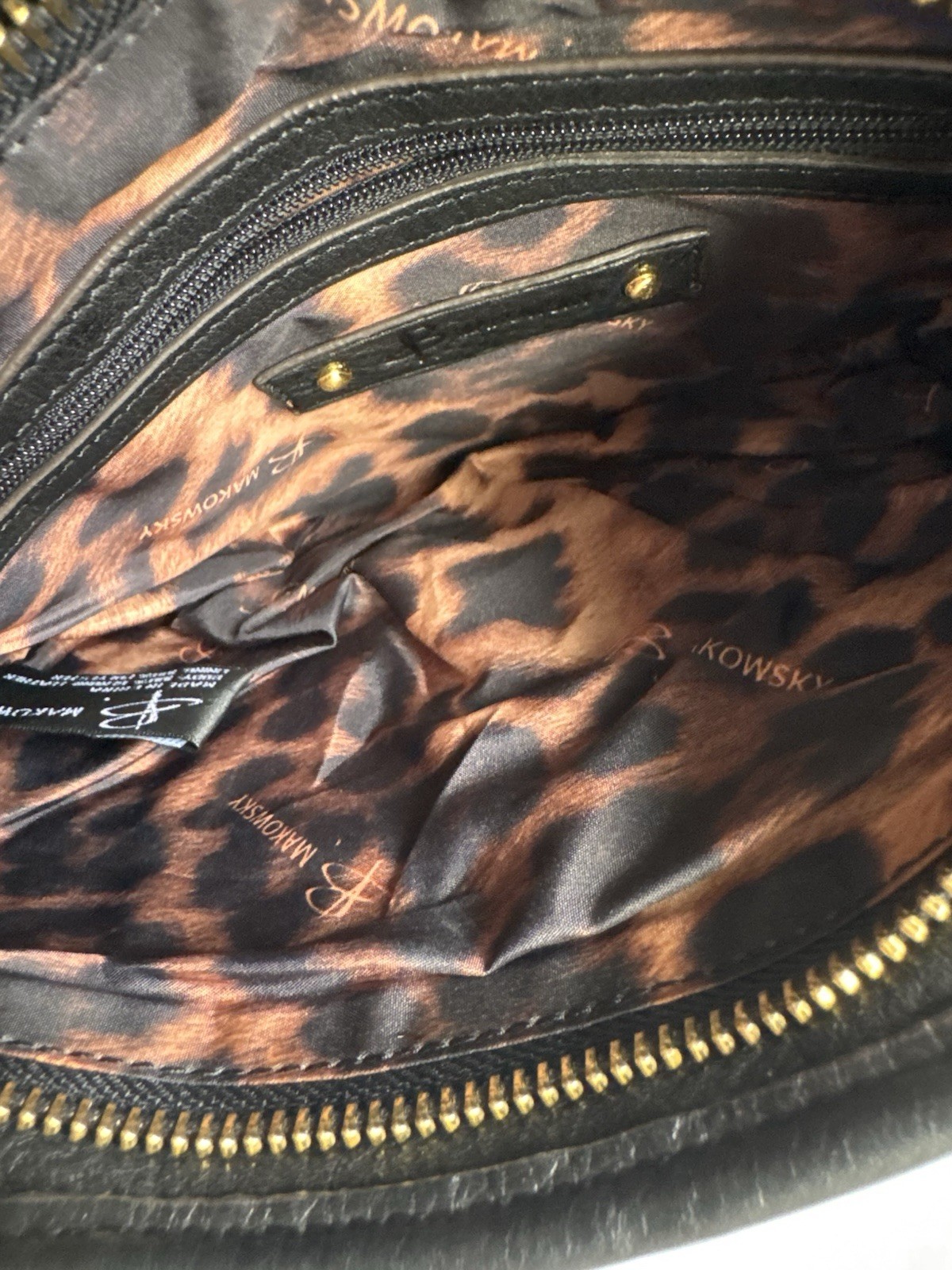 ⁠B. Makowsky Y2K Black Pebbled Leather Ruched Shoulder Bag Gold Chain Link