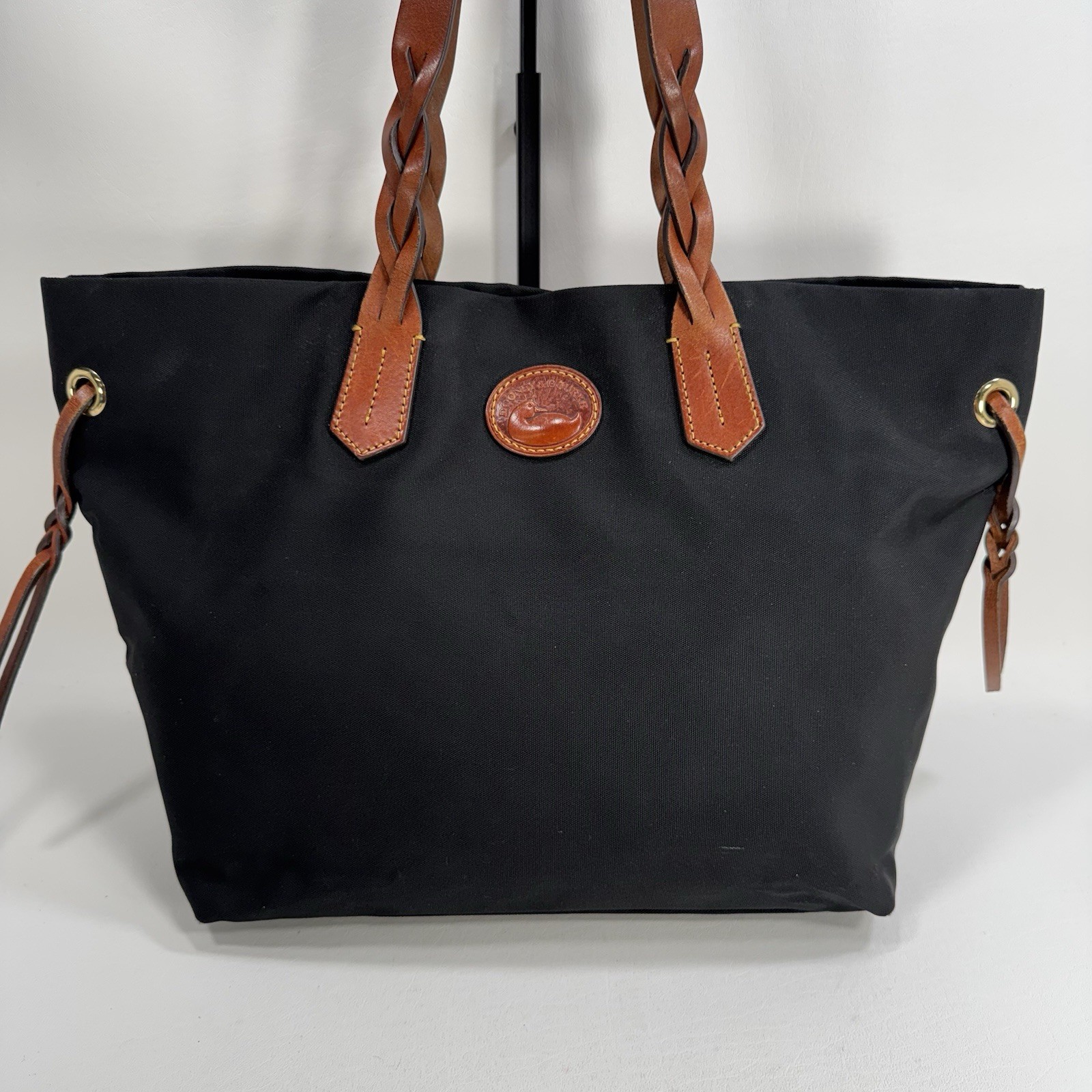 Dooney & Bourke Black Nylon Shopper Tote Bag Brown Leather Braided Duck Logo