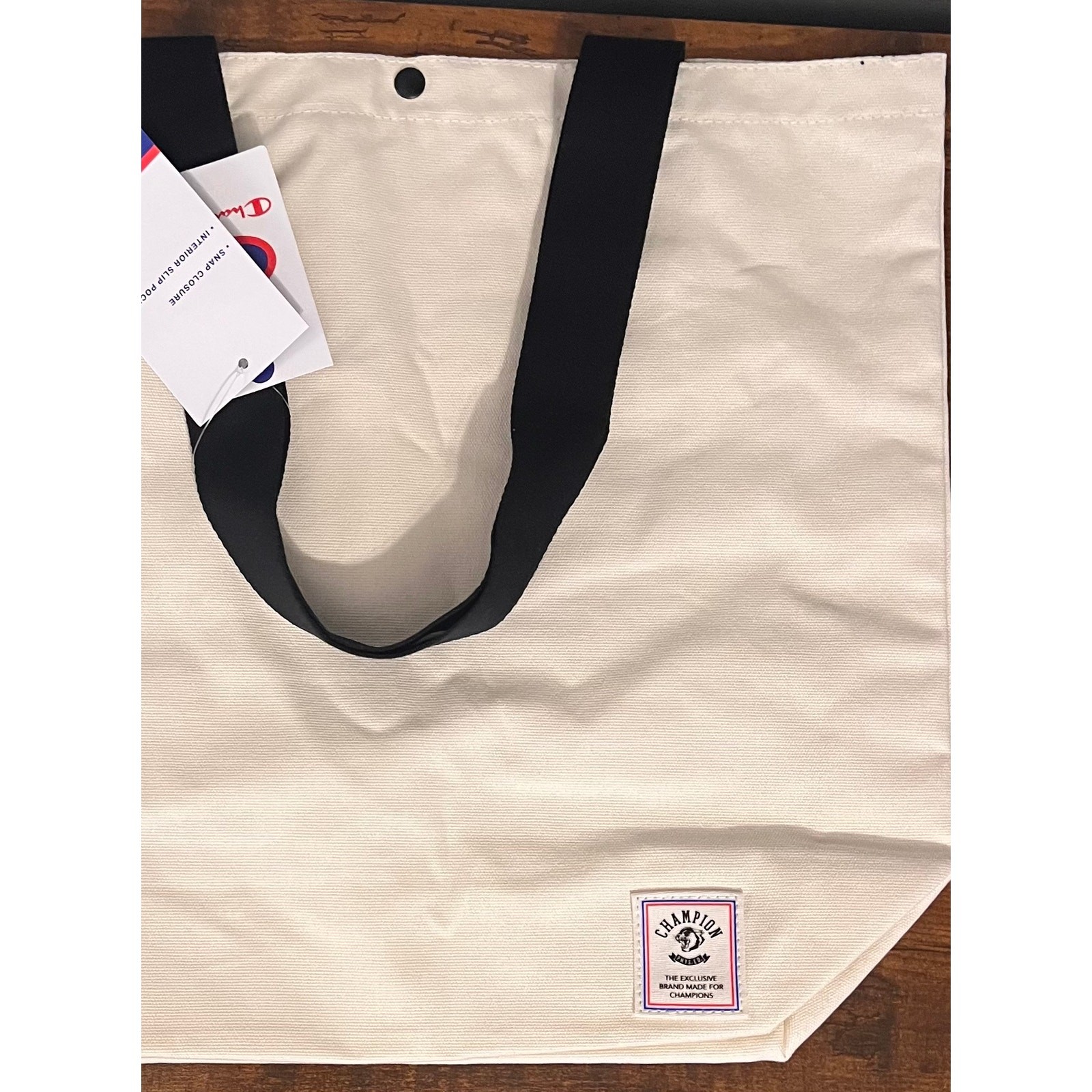 Champion Embroidered Logo Canvas Tote Bag in Cream w/ Handles Inside Pocket NWT