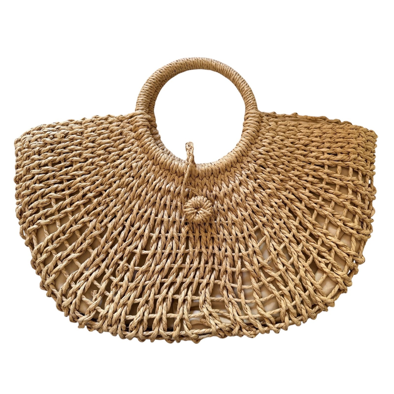 Womens Natural Straw Woven Handbag Semi Circle Tote Beach Bag Tan Open Weave