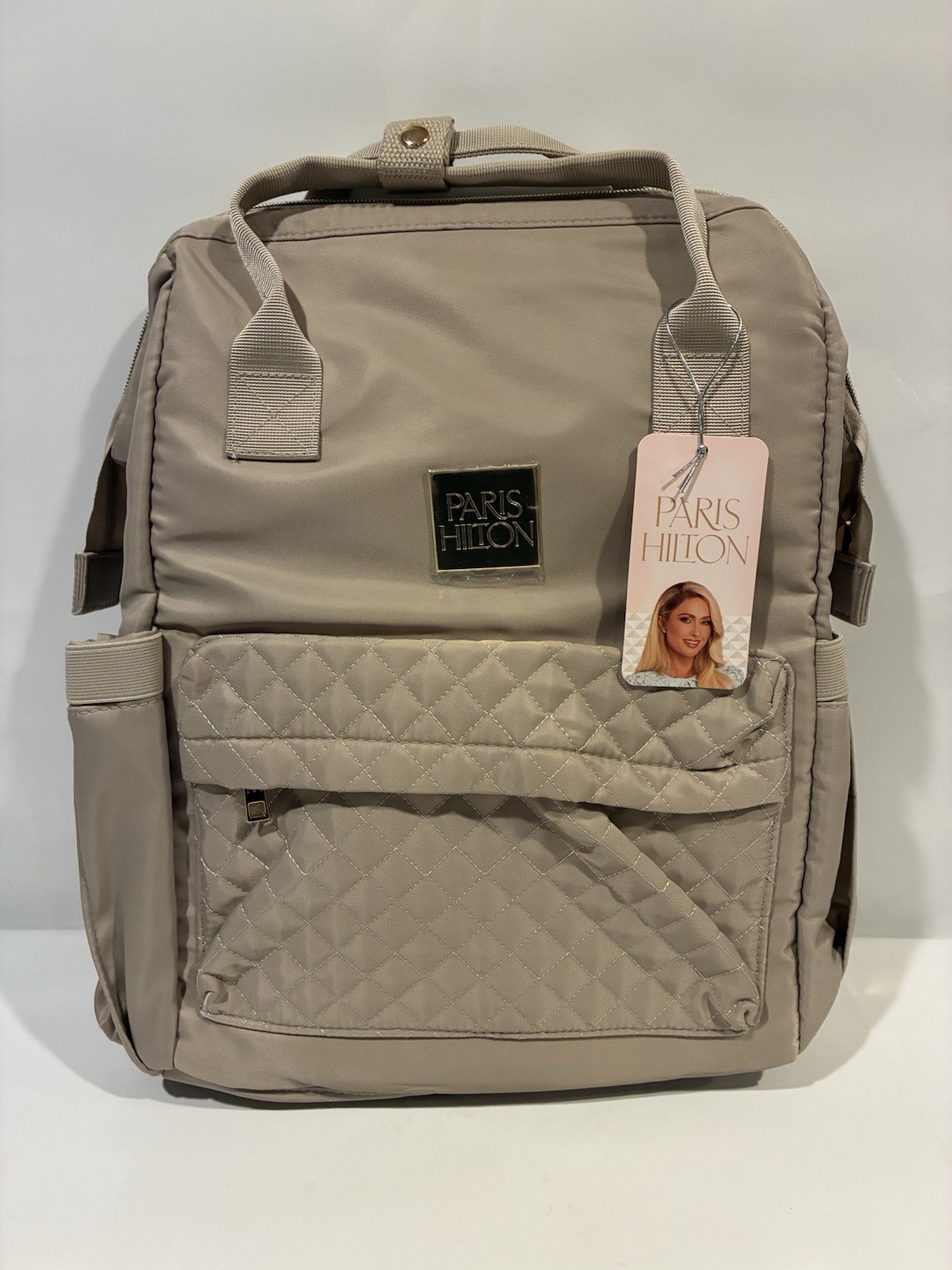 Paris Hilton Travel Laptop Bag Cream Quilted Nylon Backpack INV01036 NEW