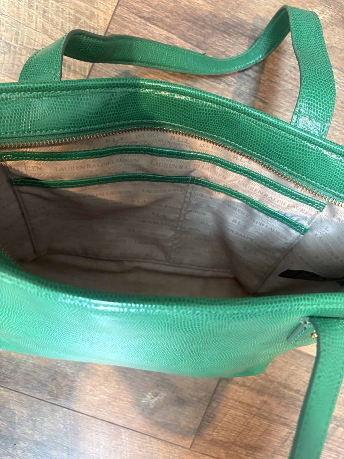 Lauren Ralph Lauren Green Lizard Embossed Tote Bag Preppy Equestrian Style