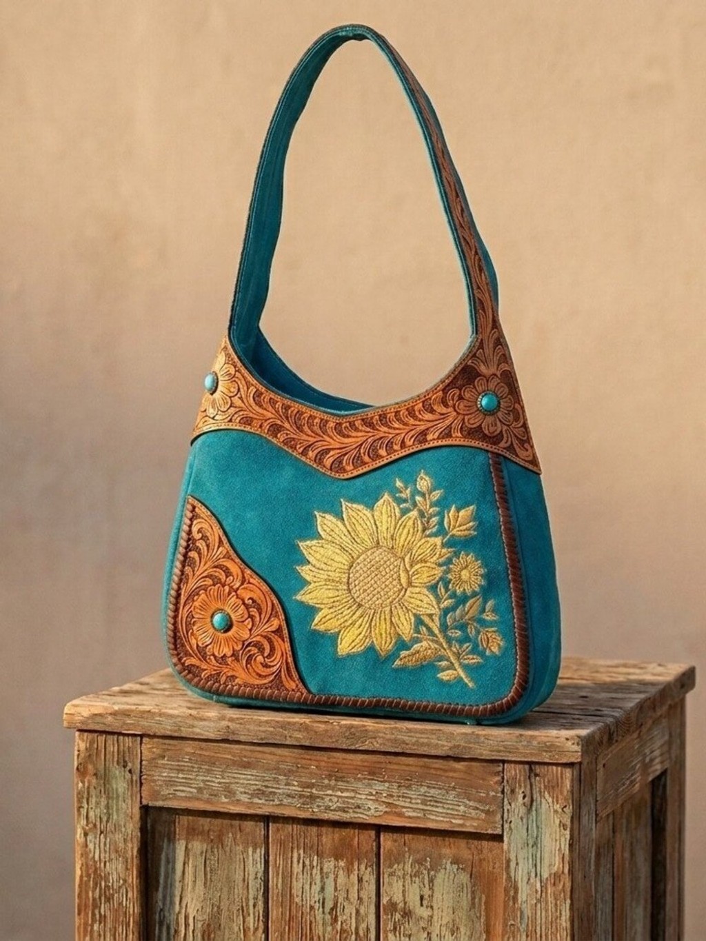 Turquoise Sunrise Sunflower Boho Shoulder Bag