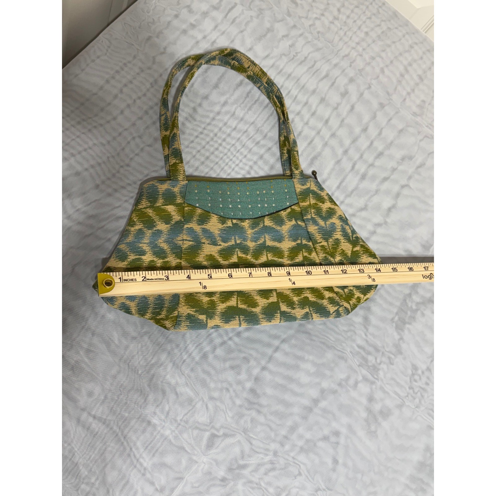 Maruca Handmade Boulder CO Jacquard Fabric Handbag Green Blue Leaf Print Zip Top