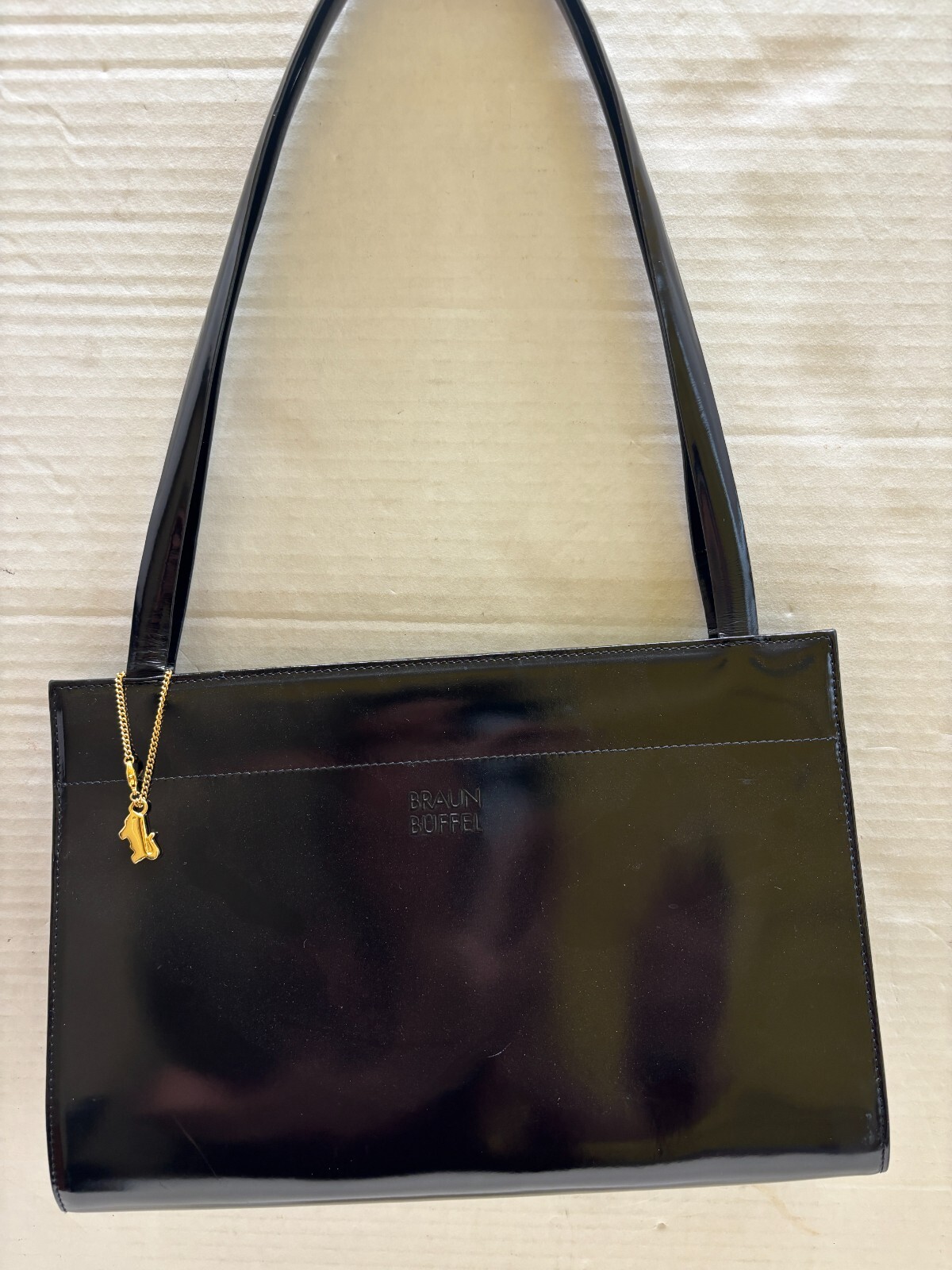 Braun Buffel Black Patent Leather Gold Logo Chain Shoulder Handbag