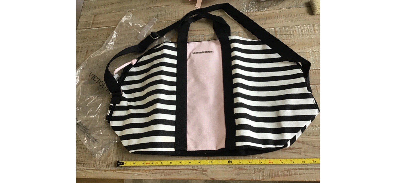Victorias Secret Overnight Duffle Bag Weekend Tote VS Pink Black Stripe