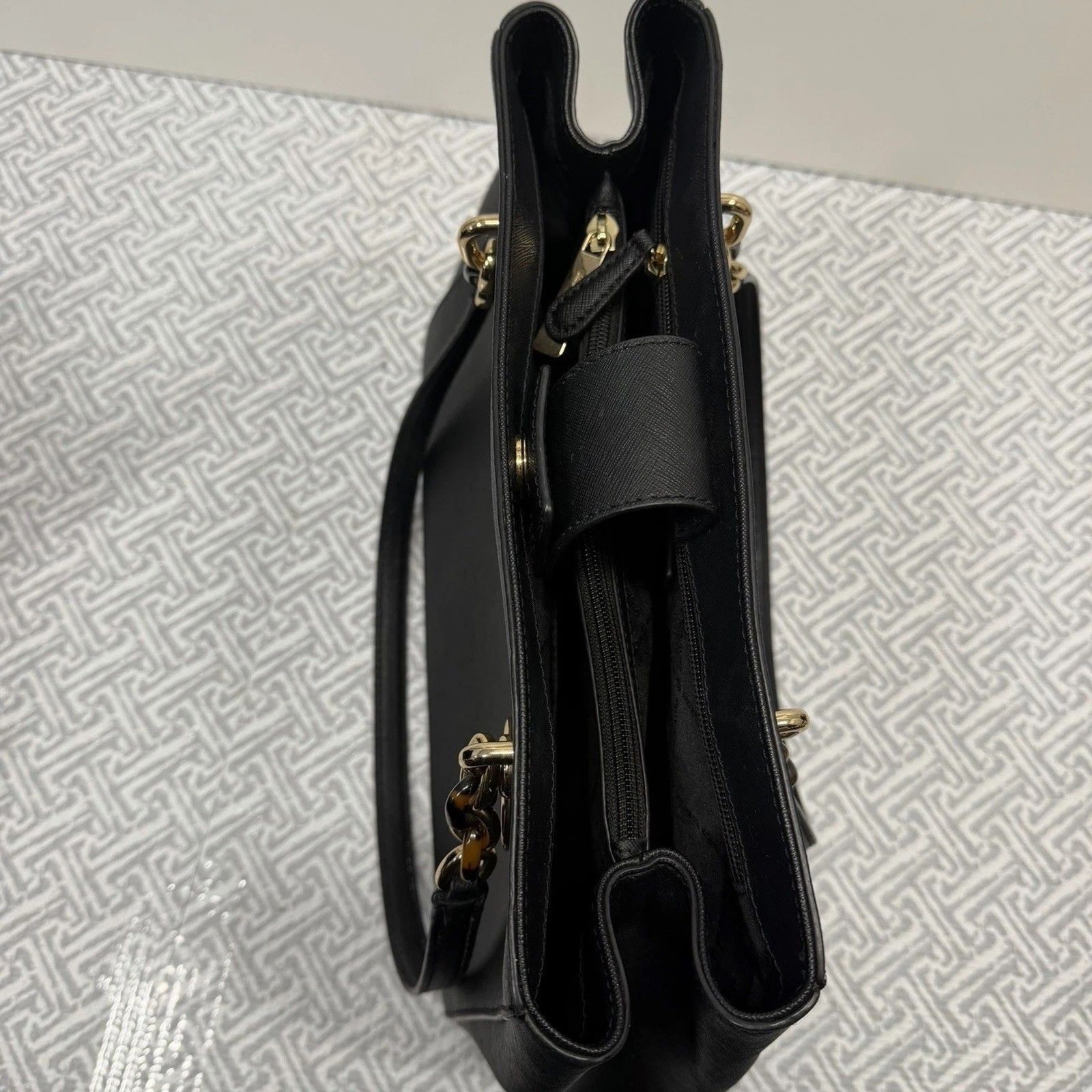 Michael Kors Sofia Large Tote Black Saffiano Leather Gold Chain MK Logo Charm