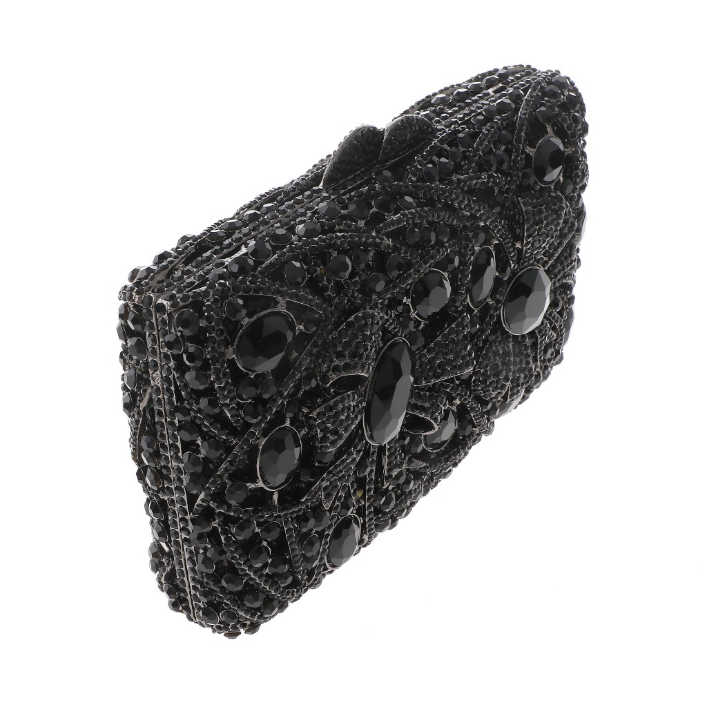 Hermatite Tone Alloy Metal Crystal Rhinestone Clutch Evening Bag HB6249-BLK