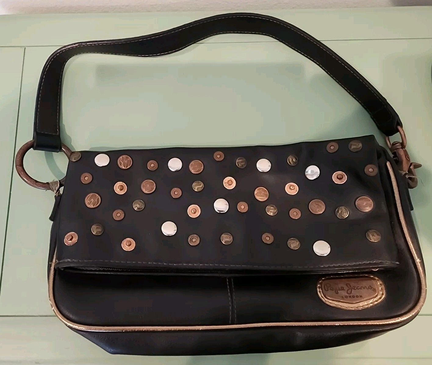 Pepe Jeans London Handbag Clutch Black Decorated Snaps Copper Chrome Zip Top