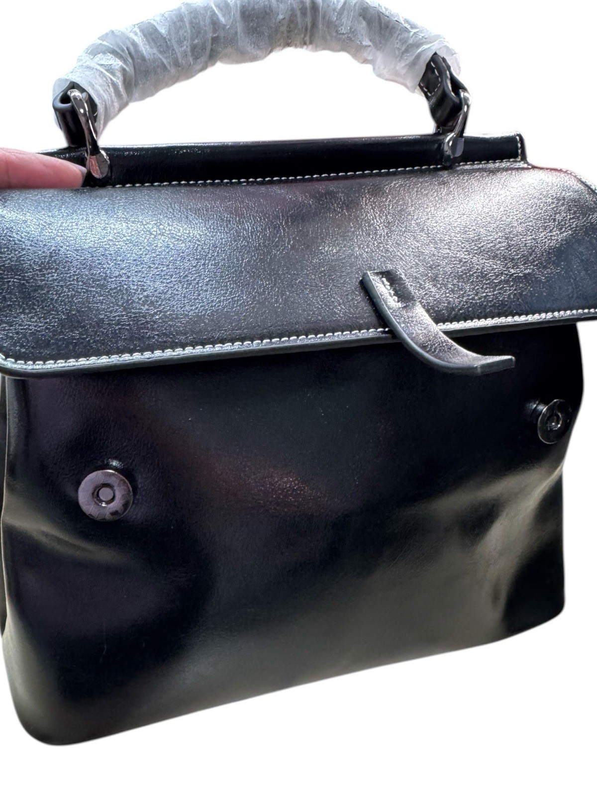 Structured Top Handle Black Leather Satchel Purse Bag Minimalist Quiet Luxury