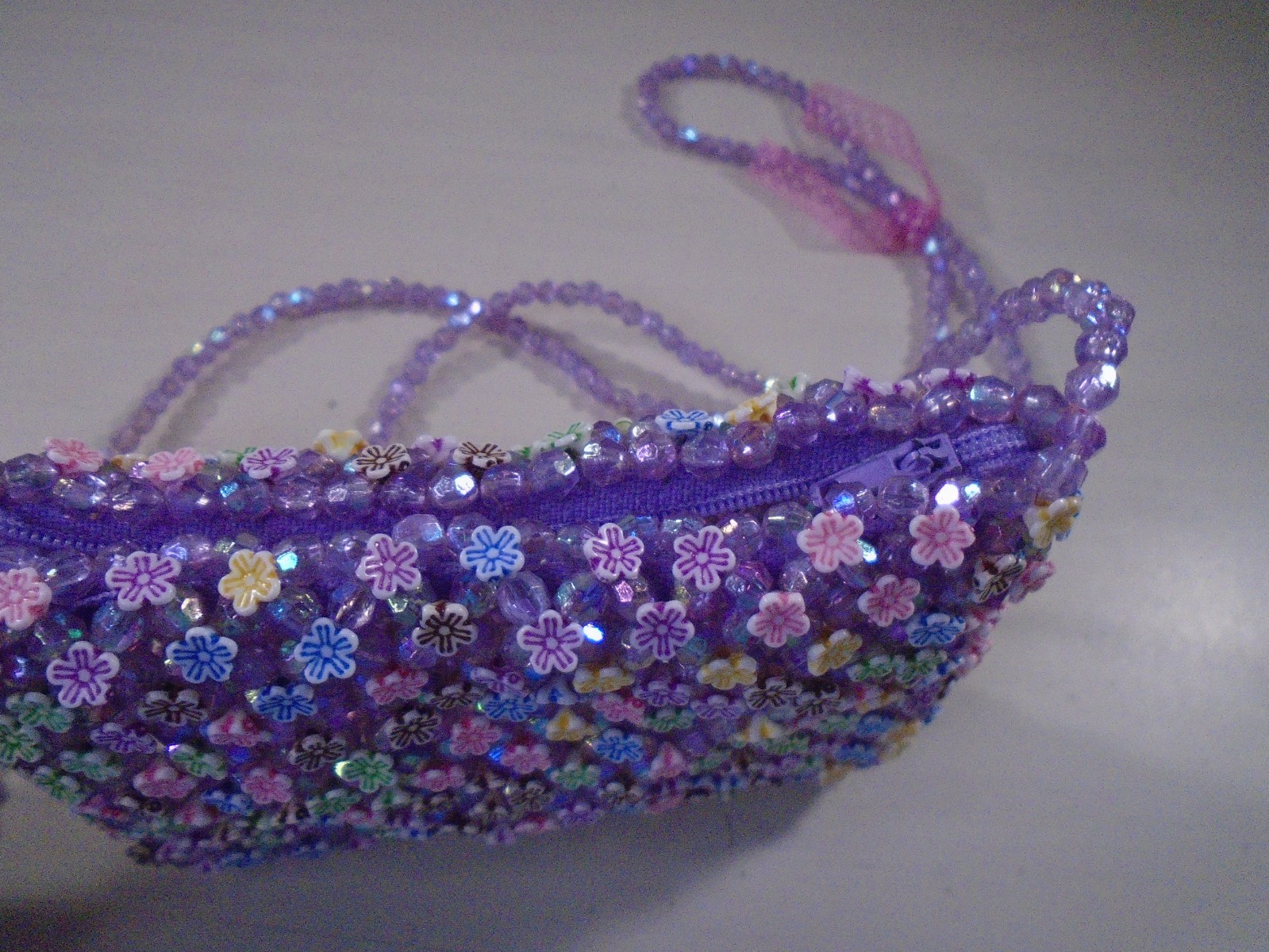 Small Crossbody Purse Hand Beaded with Pastel Colored Plastic Flower Beads