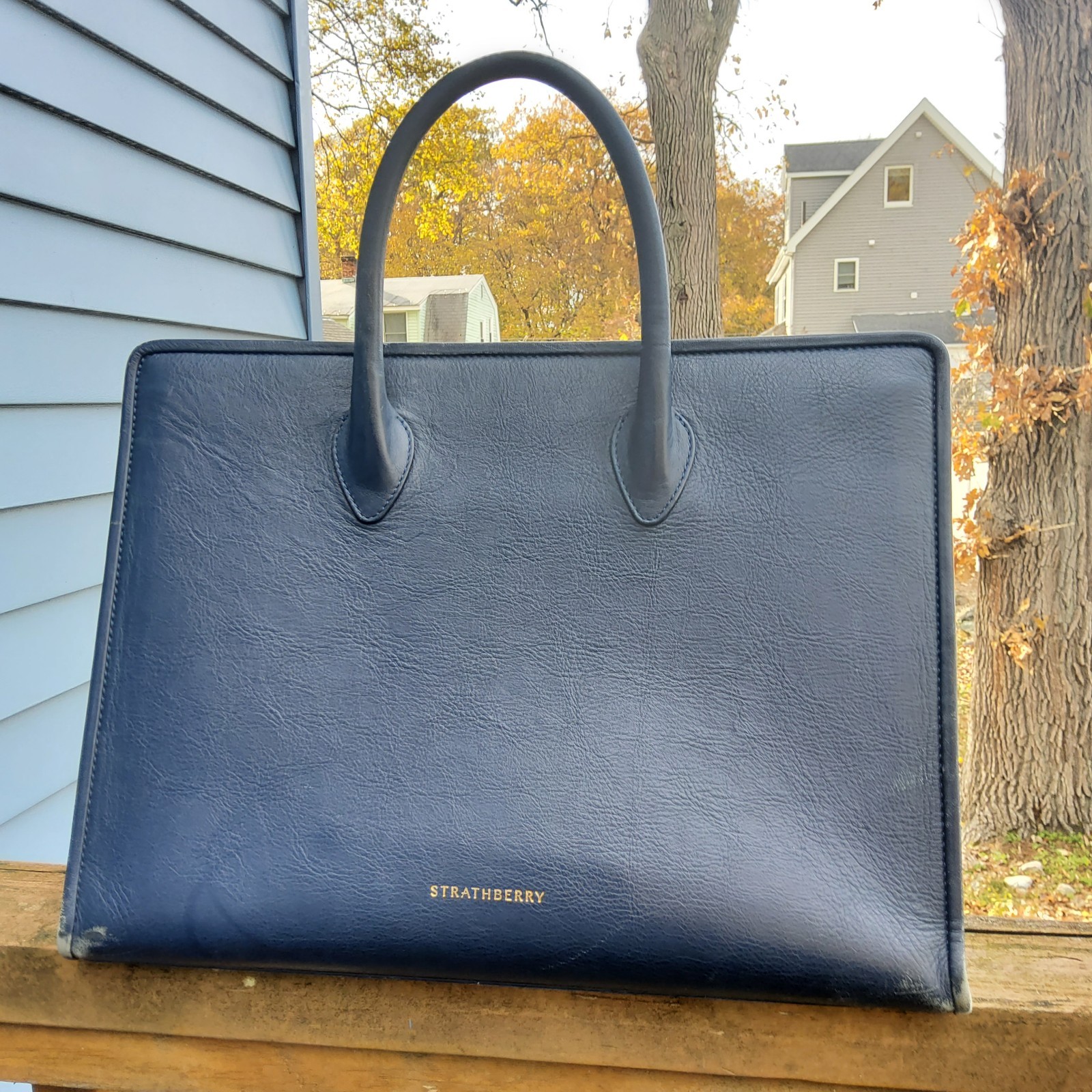 Strathberry Navy Blue Tote Bag (Large) Gold Hardware