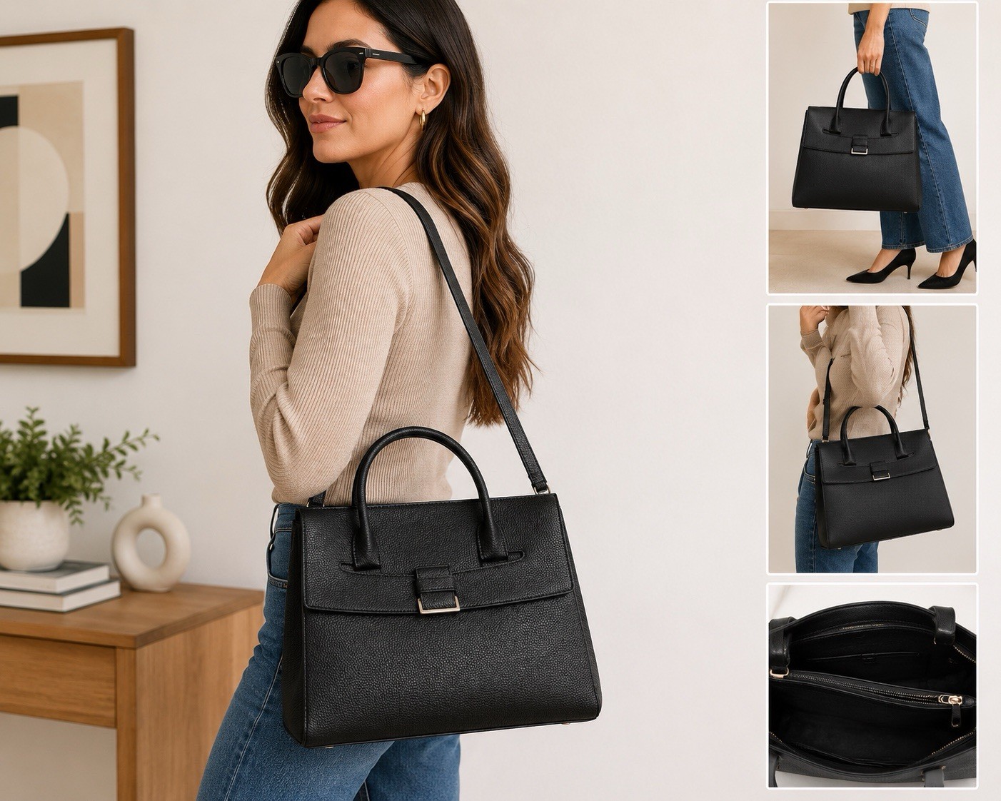 Black Leather Tote Bag Women’s Structured Shoulder Satchel Business Handbag