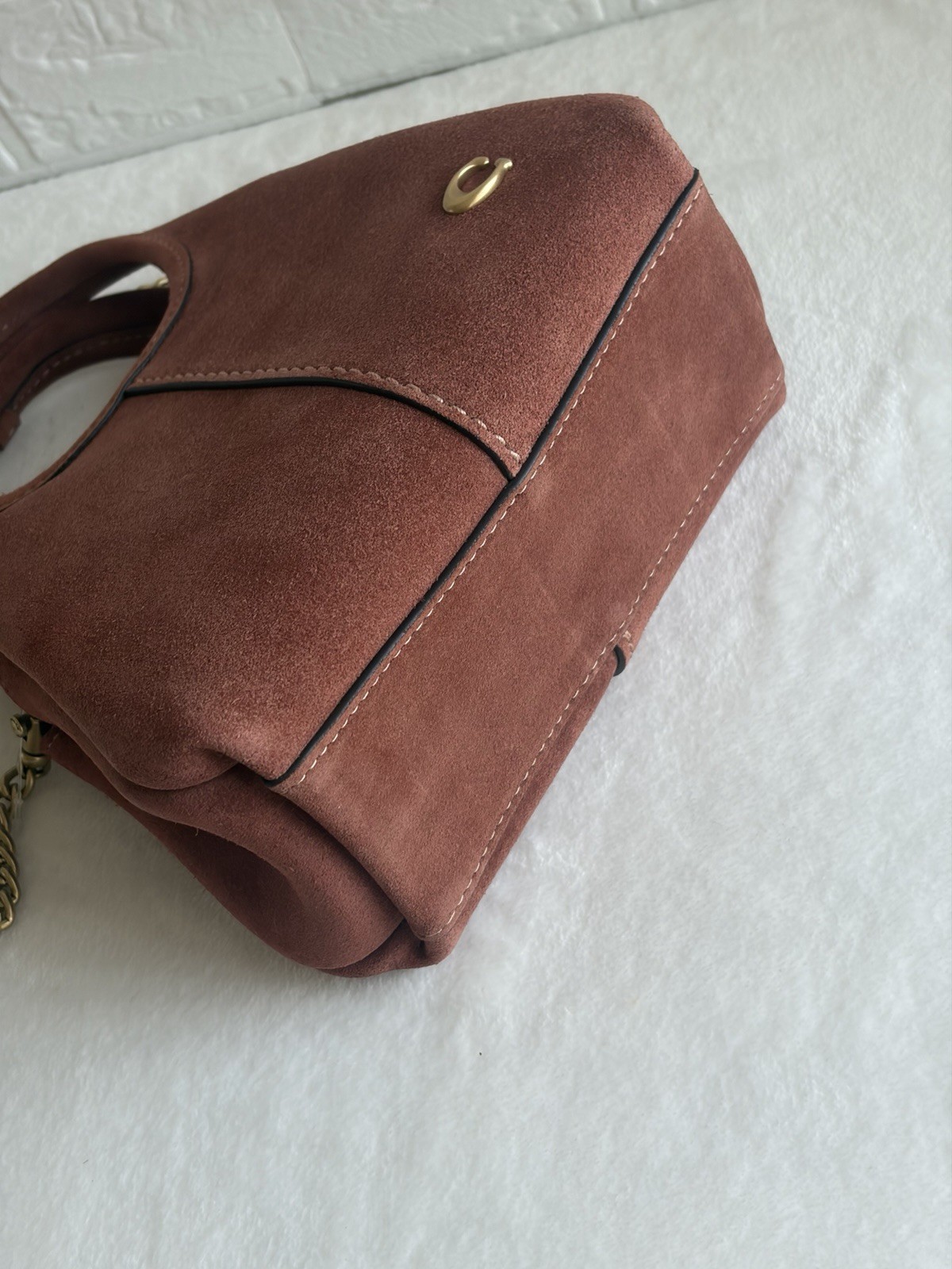 Coach Brown Solid Top Handle Bag Chain Strap Logo Hangtag Detachable Gold