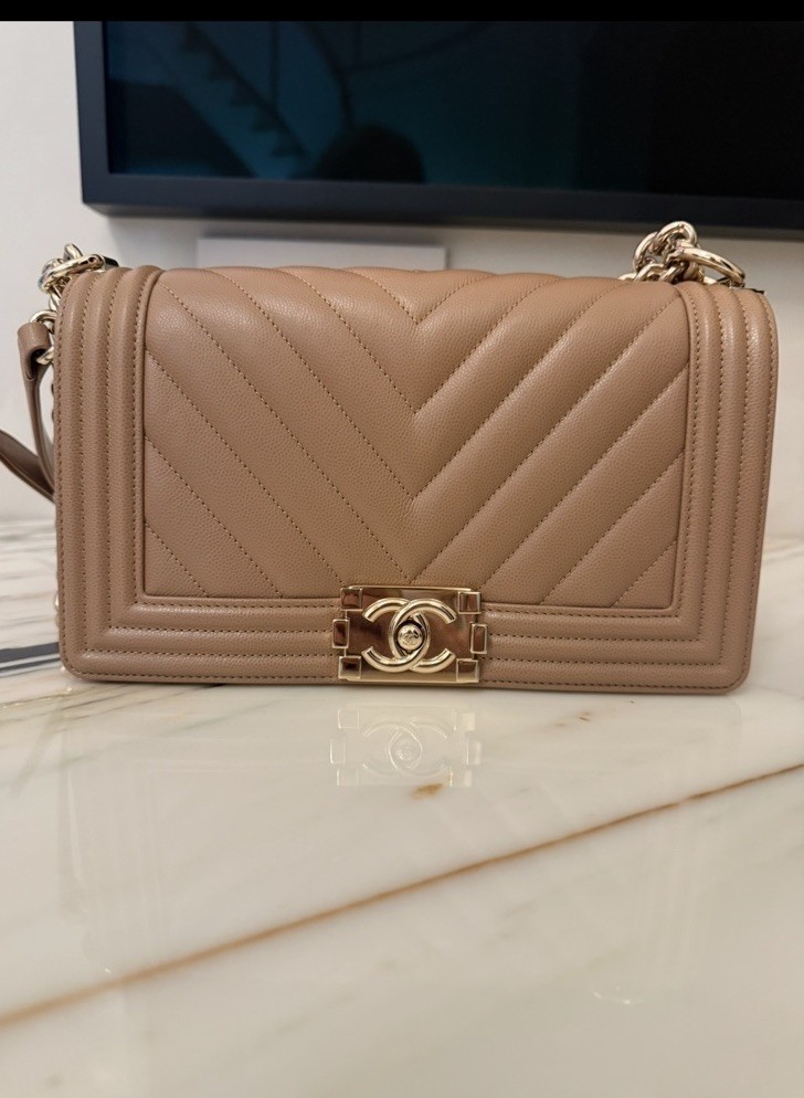 CHANEL Boy Beige Chevron Quilted Small Flap Bag Gold Chain Strap Turn Lock