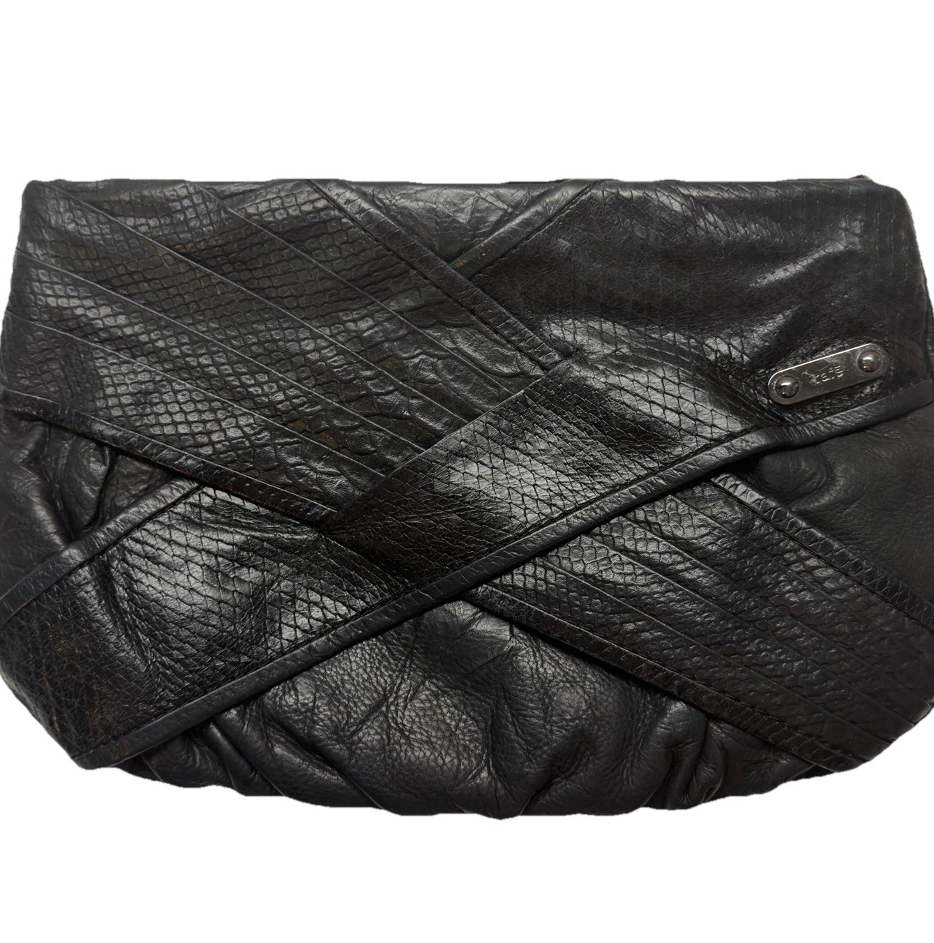Rafe New York Black Genuine Leather Snake Embossed Oversized Frame Clutch Gothic