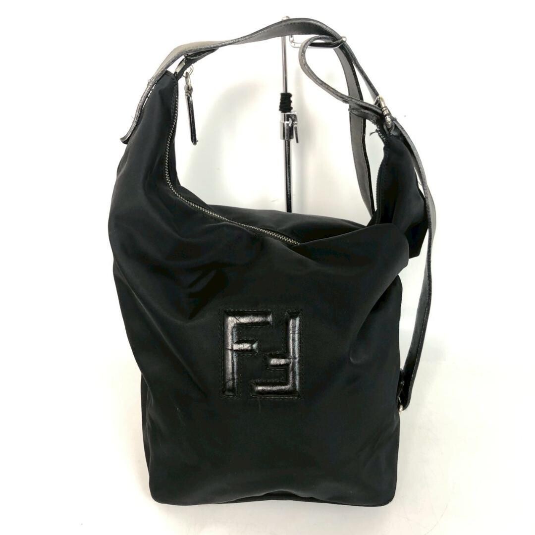 Fendi Black Zucca FF Logo Leather Shoulder Bag Women Auth 34cm Strap 7.9in