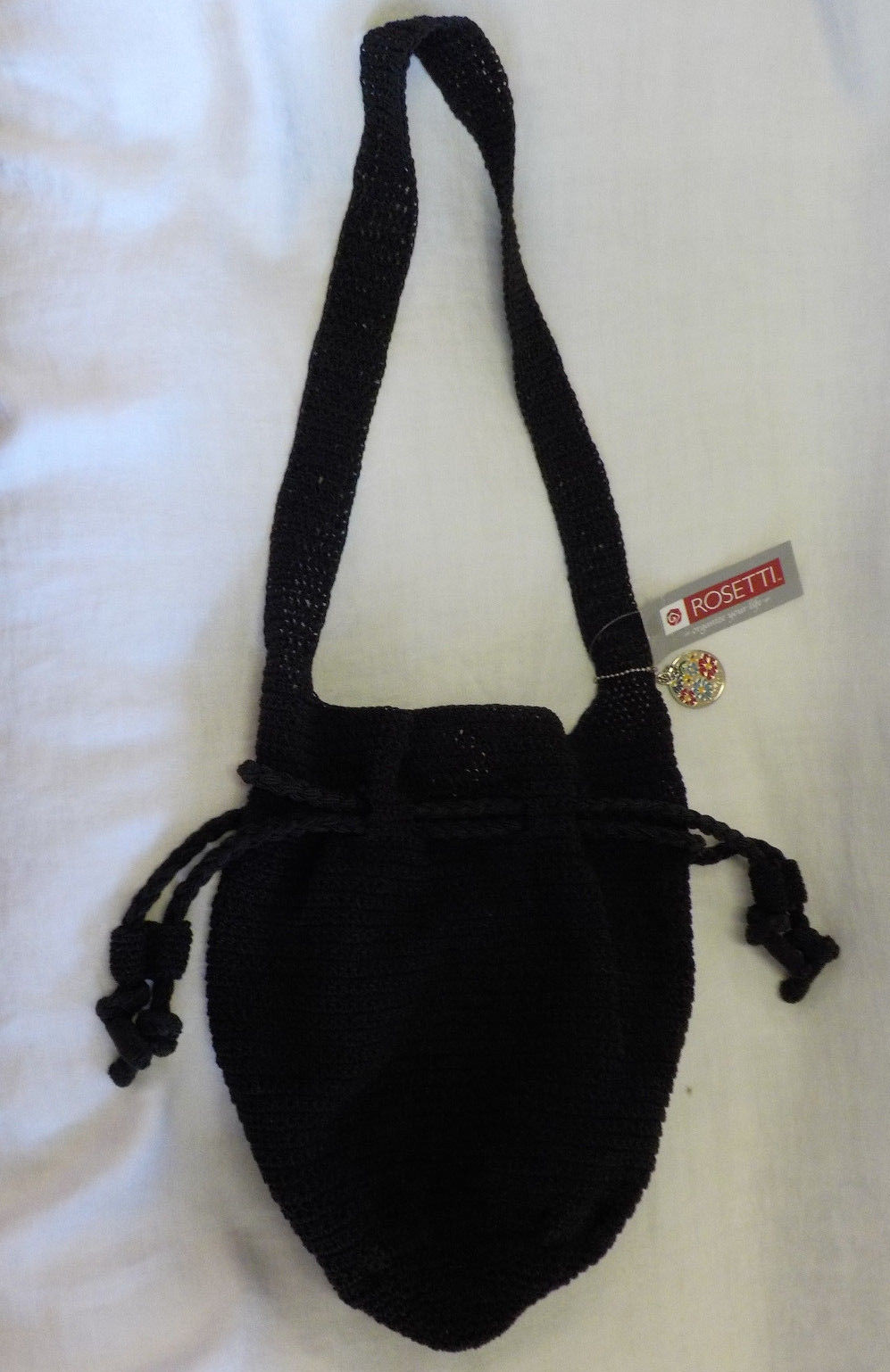 Rosetti Crochet Purse NWT Black 12″ X 13″ X 8″ Strap Drop 16″ Cotton Blend Charm
