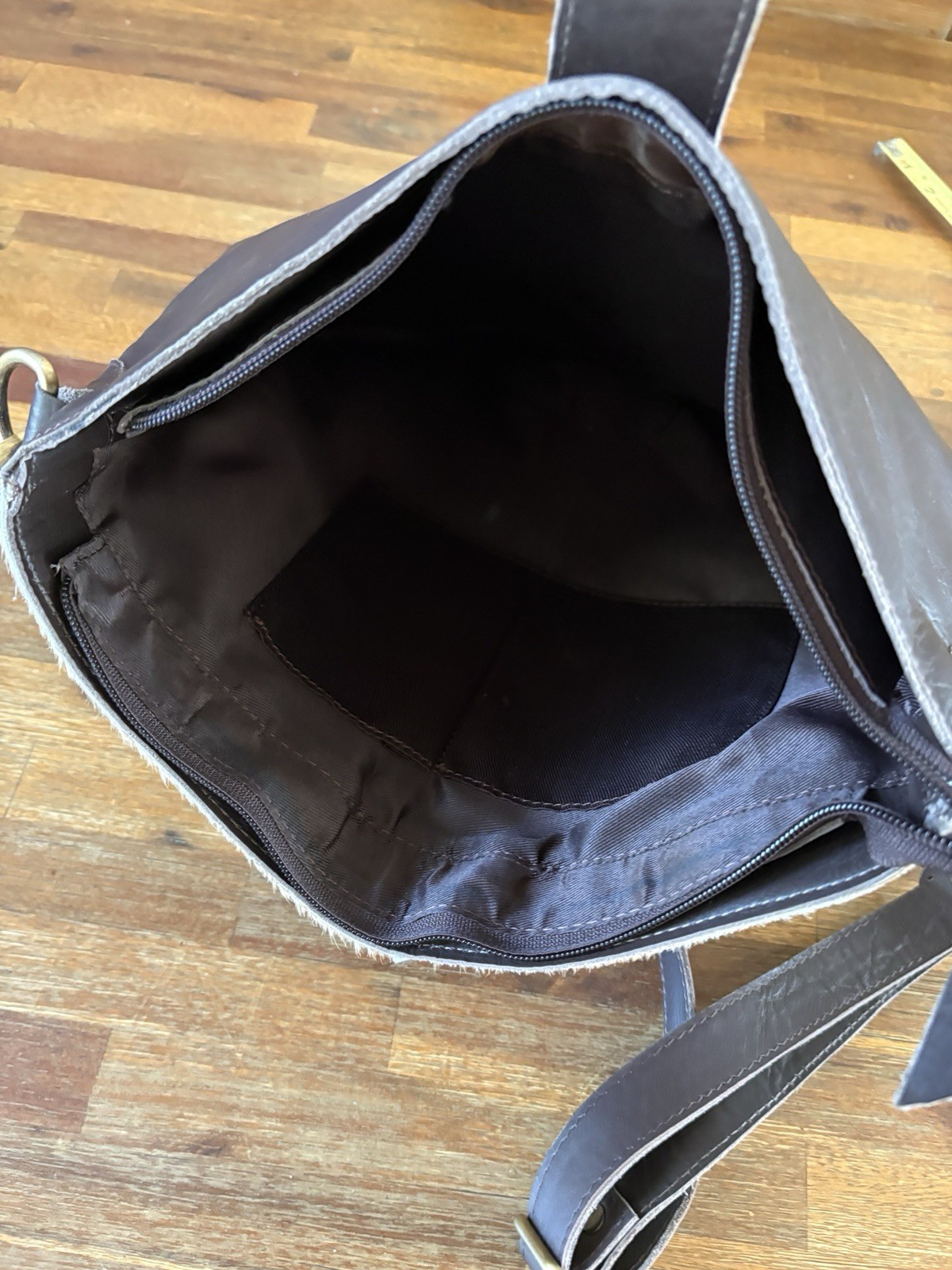 Hand Made Genuine Leather With Cow Hide Cross Body Bag Crazy Heifer 13.5” X 14”