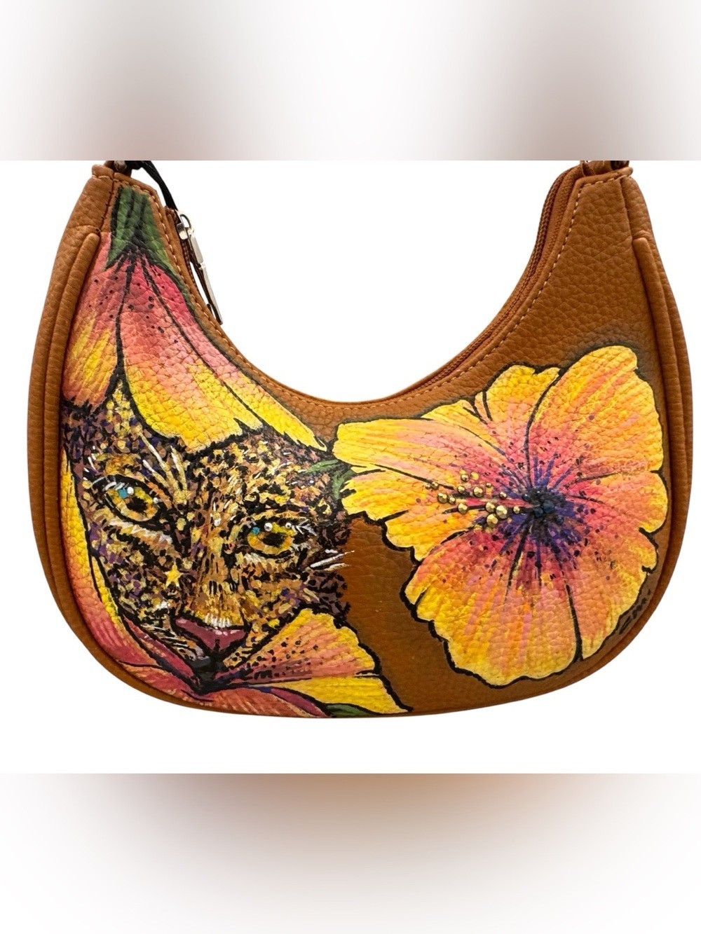Unbranded Hand Painted Faux Leather Leopard floral Design Shoulder Bag