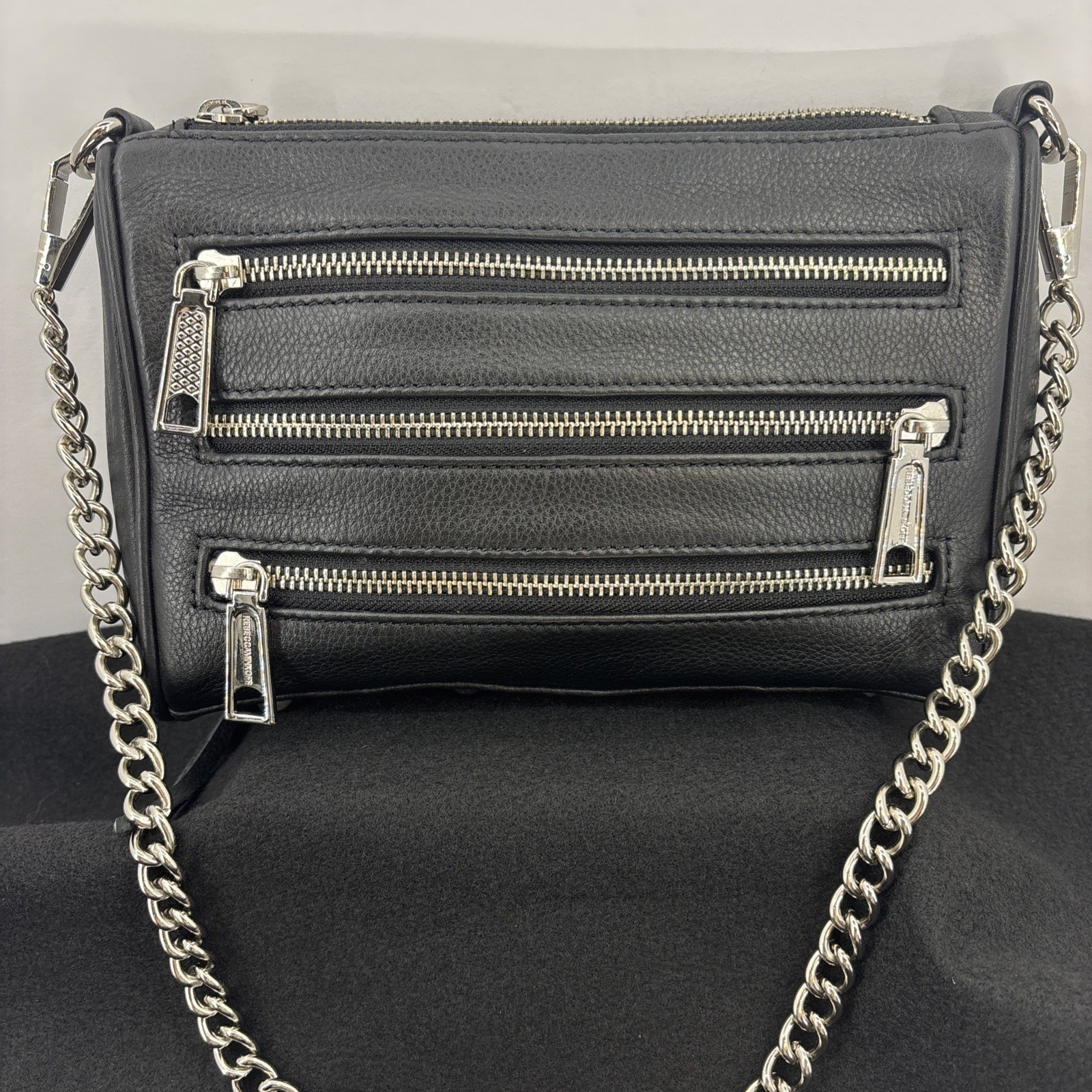 Rebecca Minkoff Triple Zip Black Leather Goth Chain Crossbody Purse Chrome Studs
